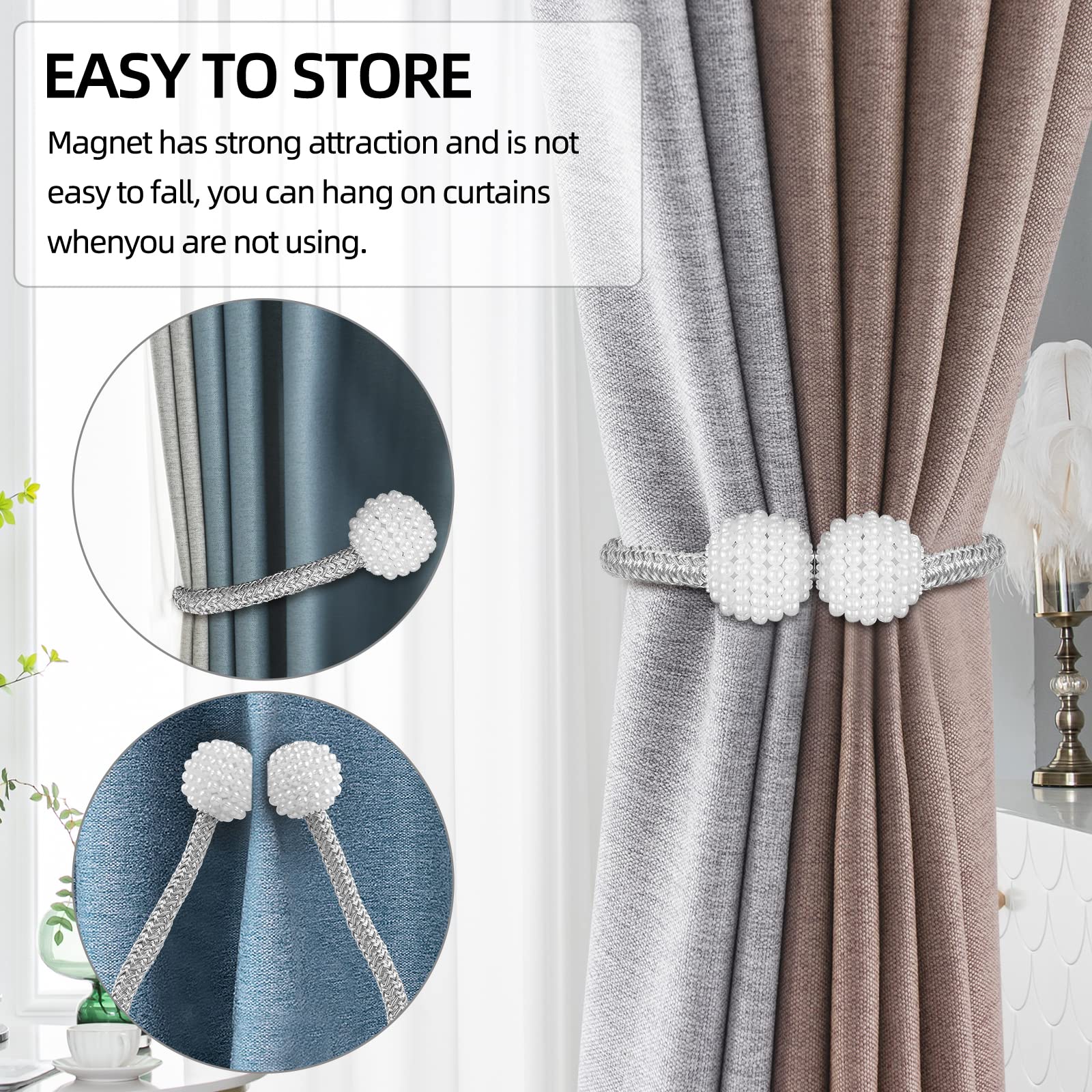 8 Pack Magnetic Curtain Tie Backs with Pearls - Elegant Modern Curtain Holdbacks for Drapes, Sheer & Blackout Curtains - Perfect for Home, Office, Kindergarten Decor (Indoor/Outdoor Use)