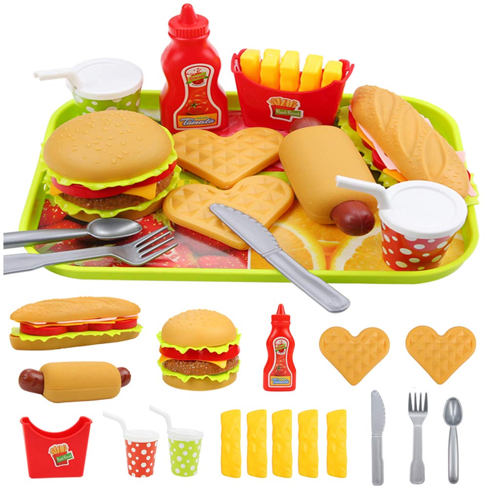 Pretend Play Fast Food Set - Kids Kitchen Toy Accessories with Plastic Burger & Hot Dog - Educational Play Food for Toddlers & Children - Perfect for Birthday Gifts & Role-Playing Games (Ideal for Home, Preschool & Daycare Pretend Play)