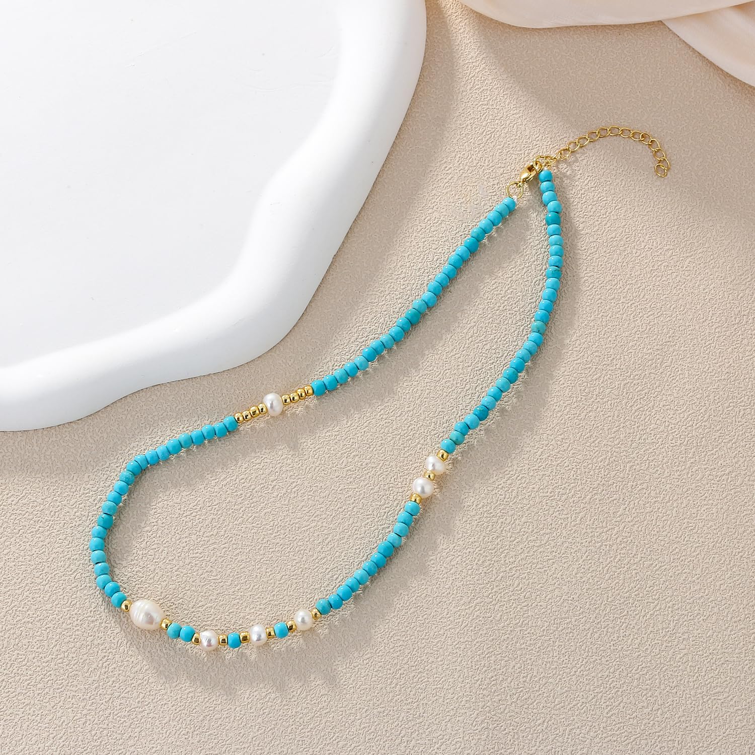KELITCH Women's Boho Pearl Strand Necklace with Turquoise Beads - Stackable Layered Necklace for Casual, Party & Wedding Jewelry