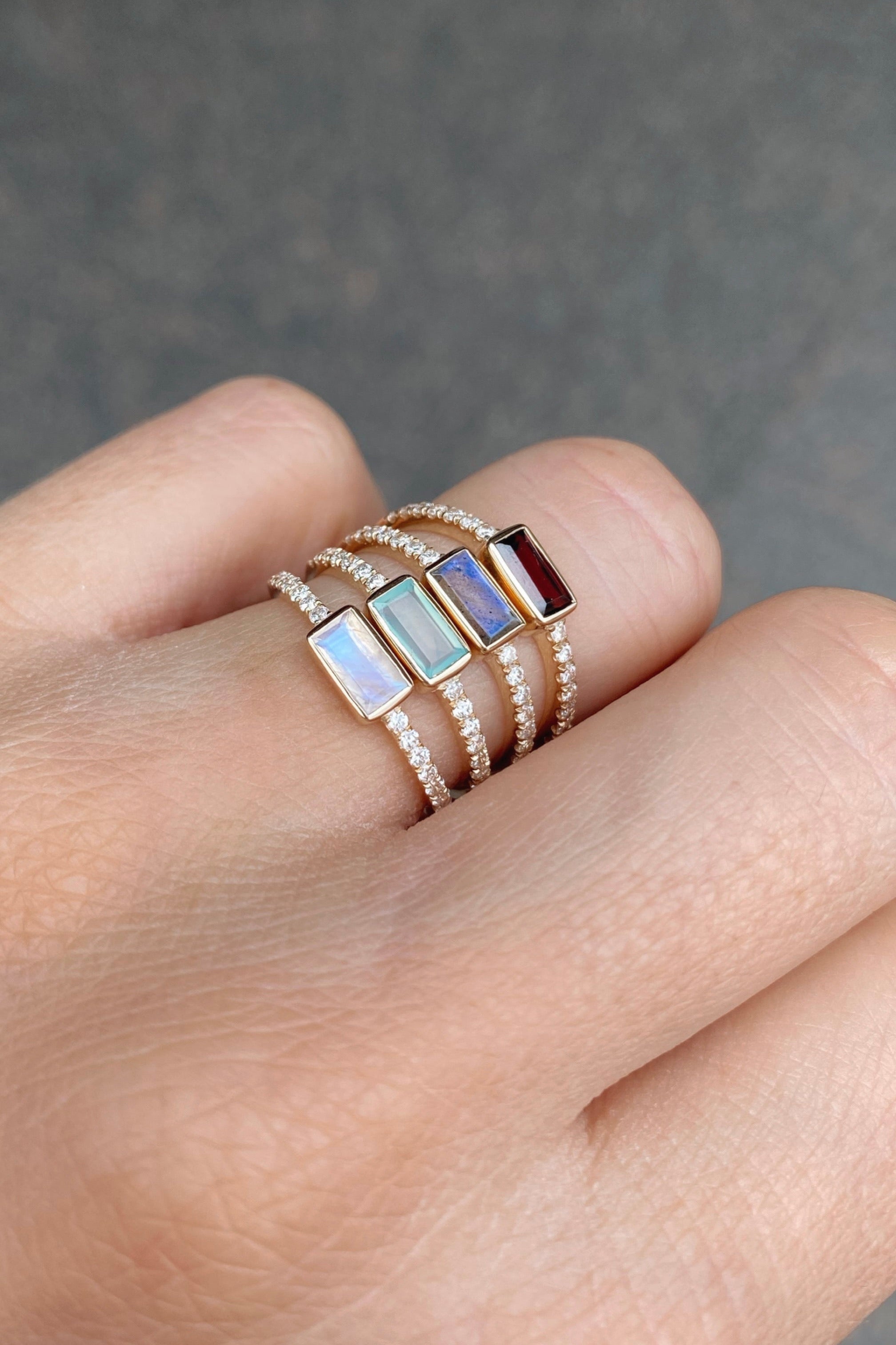14K Yellow Gold Moonstone and Diamond Baguette Band Ring for Women - Elegant Stackable Wedding, Anniversary, or Everyday Jewelry