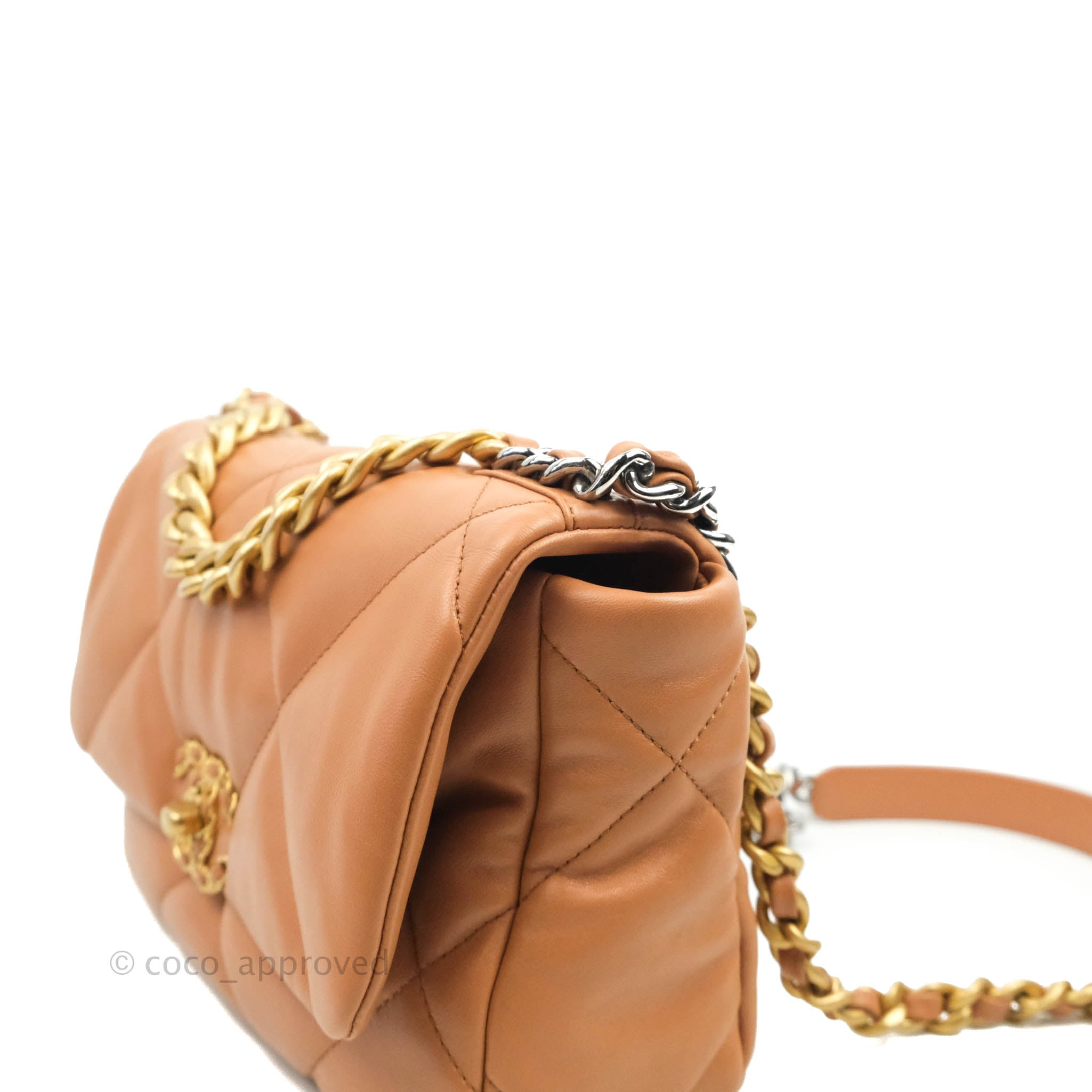 Authentic Chanel 19 Small Handbag in Caramel Dark Beige Lambskin with Mixed Hardware - 21K Collection | Luxury Crossbody Bag for Women, Perfect for Date Night & Special Occasions
