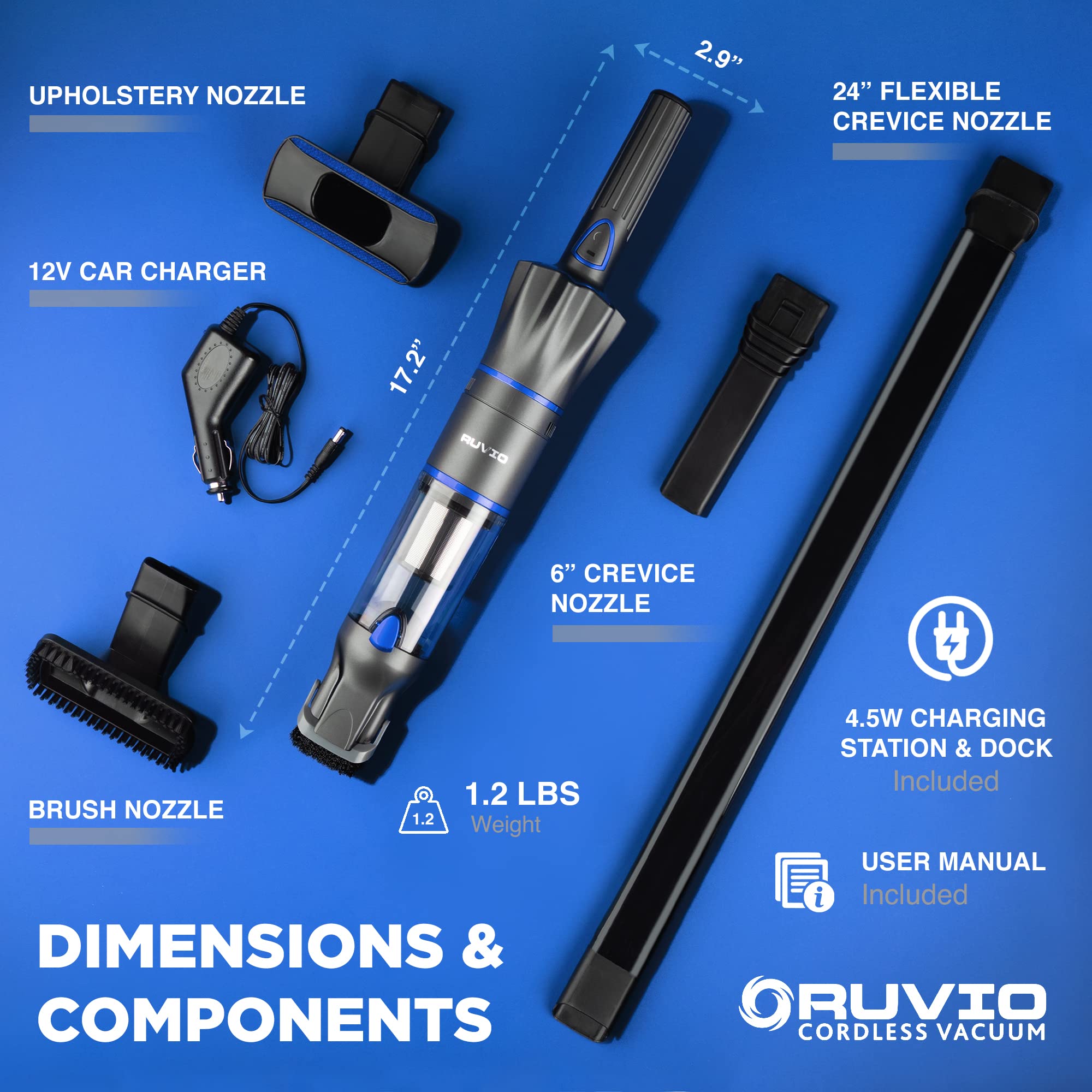 Ruvio PRO Cordless Hand Vacuum - Portable for Home & Car, HEPA Filtration | Quick Cleanups