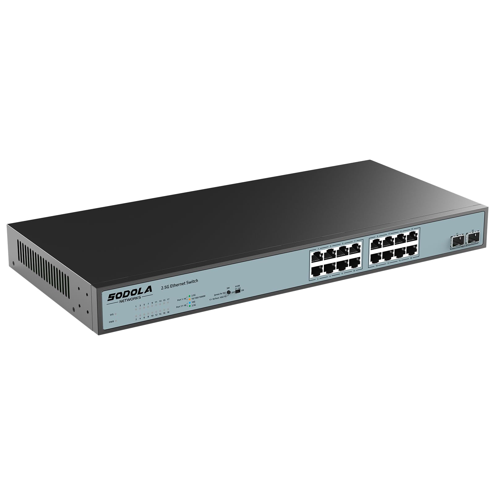 SODOLA 16-Port 2.5G Web Managed Network Switch with 16x 2.5G Base-T Ports & 2x 10G SFP+ | Link Aggregation, QoS, VLAN, IGMP Support | 1U Rack Mount | Ideal for Home Office, Gaming & Small Business Networks