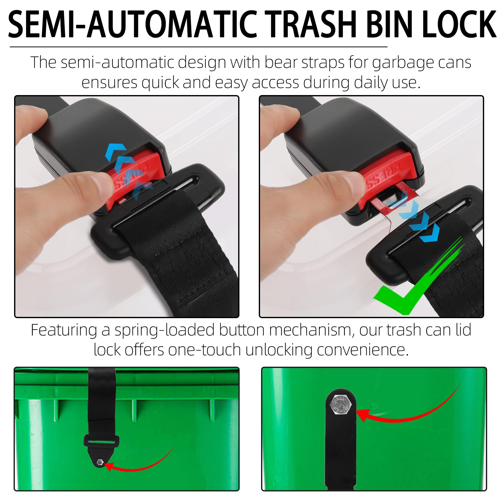 TonGass 4-Pack Black Animal Proof Trash Can Locks - Bear & Squirrel Resistant Universal Garbage Bin Lid Locks for Outdoor & Indoor Use - Secure Your Waste from Wildlife at Home, Camping or Parks