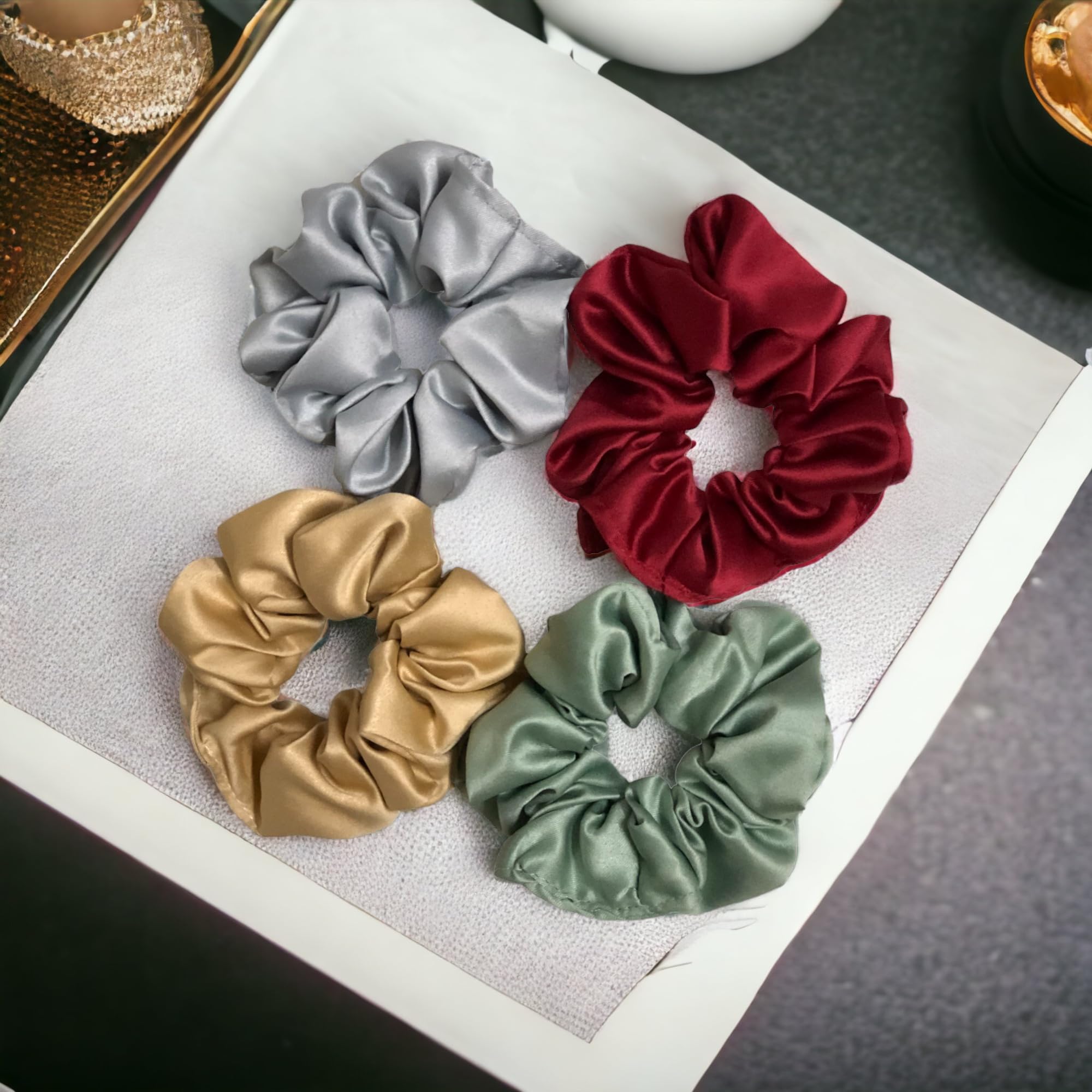 Luxury Satin Silk Scrunchies & Hair Bands for Women, Girls, Kids - Soft Elastic Hair Ties for Daily Use, Parties, Gifts in Silver, Beige, Dark Red, Pastel Green (4-Pack) - Perfect for School, Work, Weddings & Special Occasions
