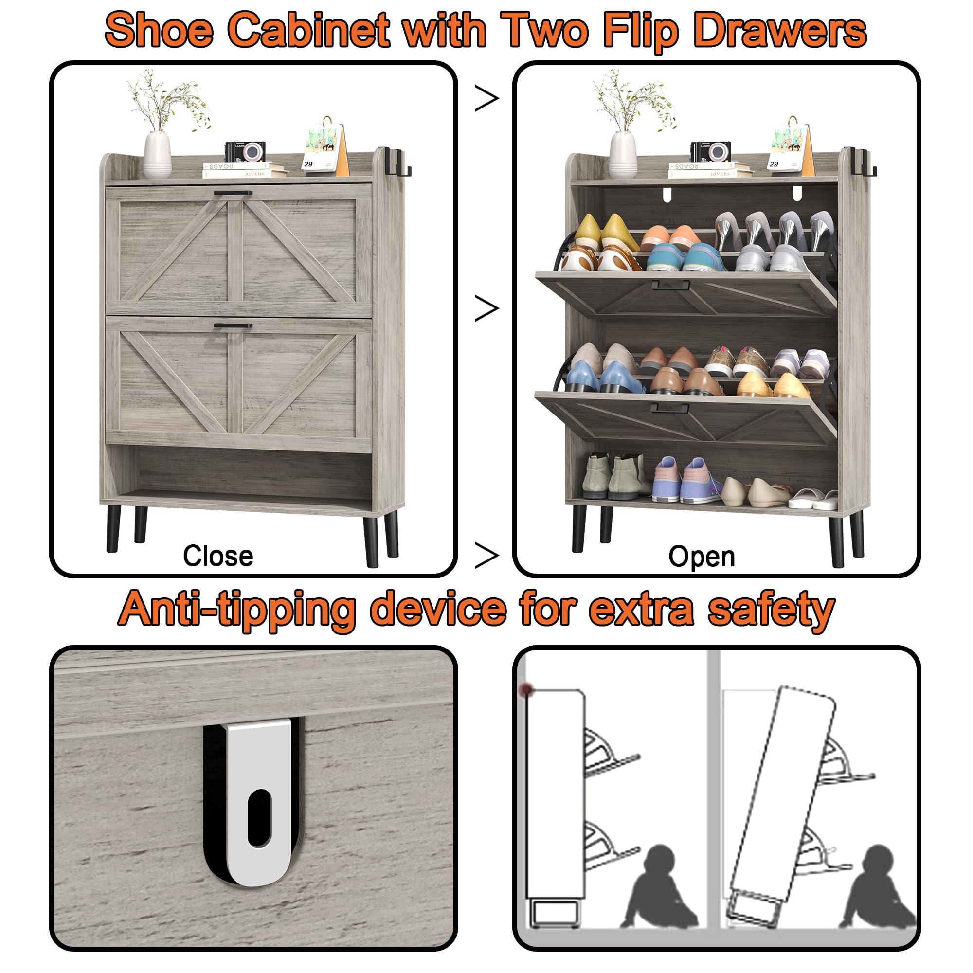 HOMEFORT Slim Shoe Storage Cabinet with 2 Flip Drawers - Narrow Wooden Entryway Shoe Organizer with Farmhouse Style Legs - Washed Gray Hidden Shoe Cabinet for Front Door Entrance - Perfect for Small Spaces & Apartment Living