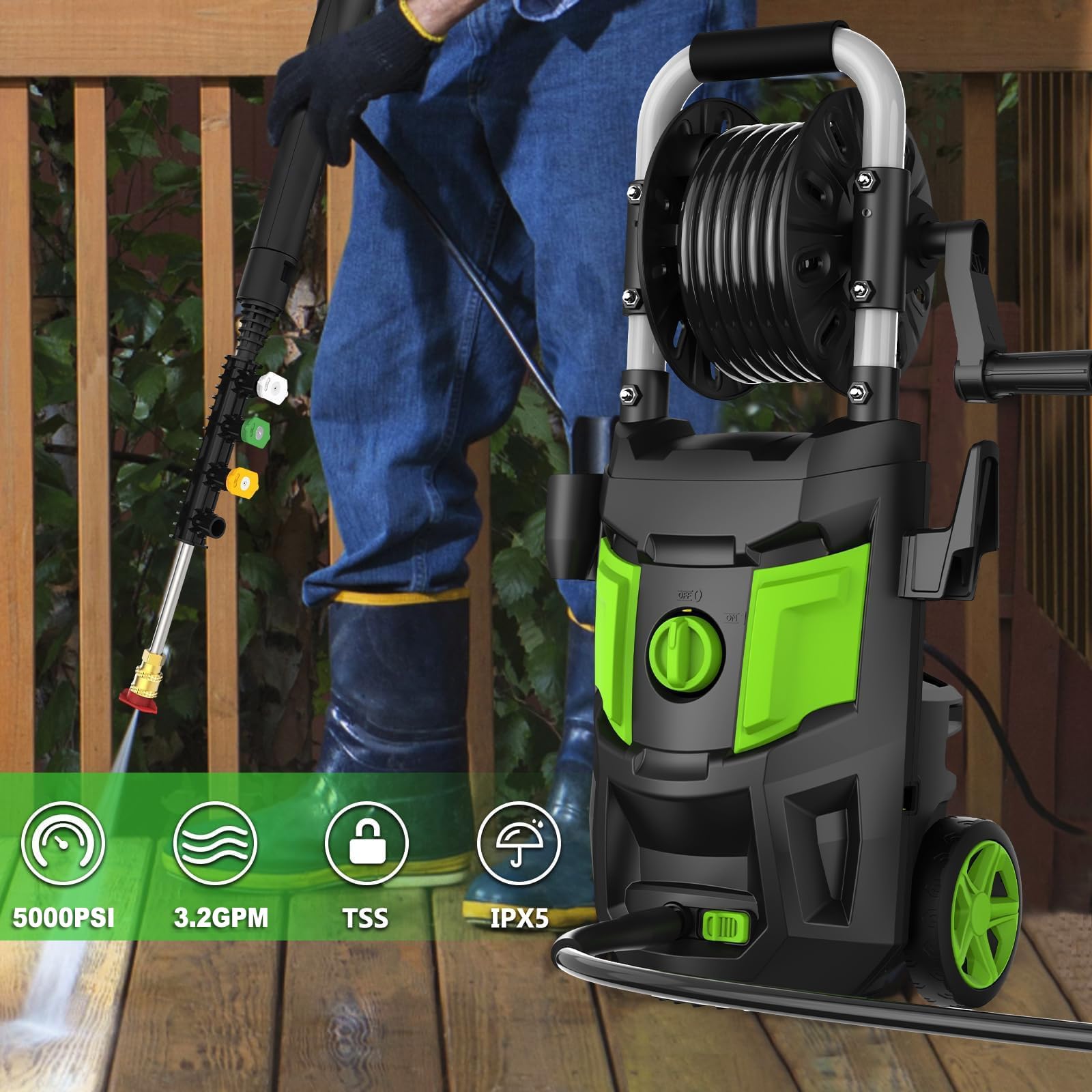 5000PSI Electric Pressure Washer with Foam Cannon - 3.2 GPM High Power Washer, 20FT Hose & 35FT Cord - 4 Nozzles & Spray Gun Included - Perfect for Cleaning Cars, Patios, Fences, Windows & Driveways (Green)