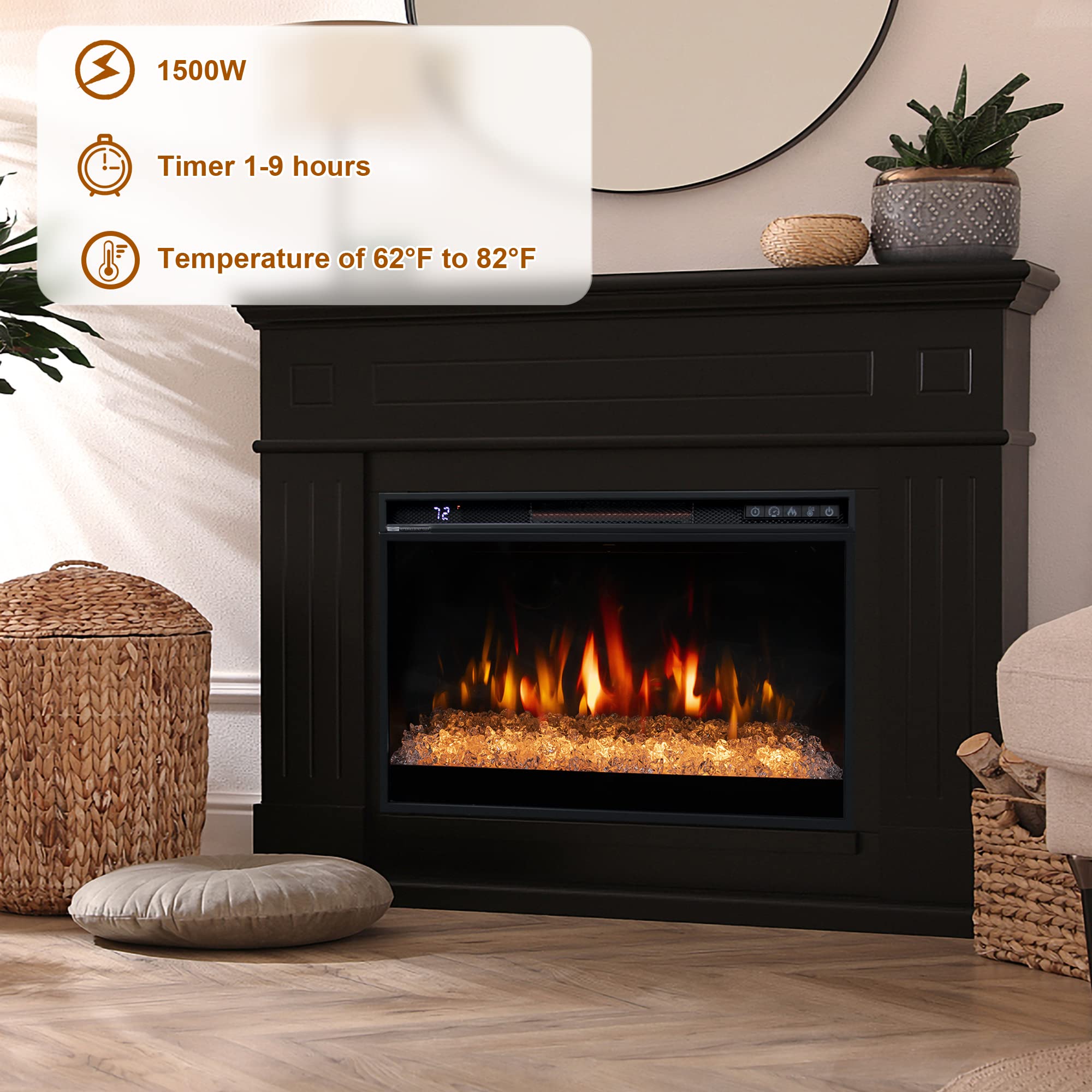 26 Inches Electric Fireplace Insert - 1500W Recessed Wall Mounted Fireplace with Remote Control, Crystal Ember Bed, Overheating Protection & Timer - Perfect for Living Room, Bedroom or Office (Black)