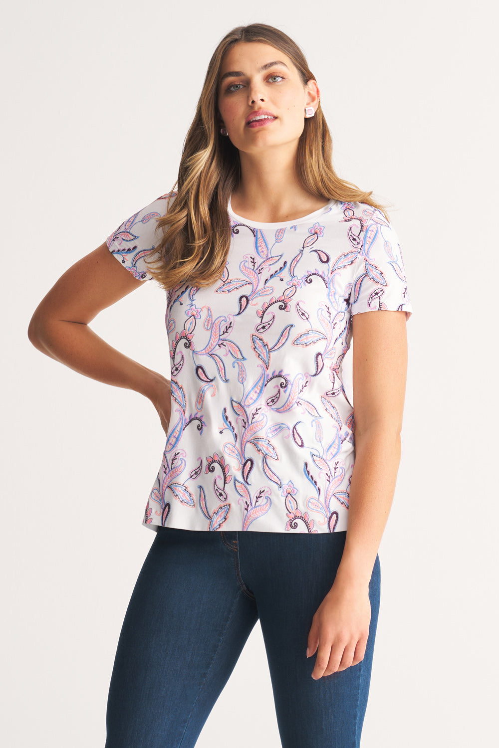 Embroidered Scoop Neck T-Shirt with Paisley Design - Women's Floral Casual Top for Summer, Outfits, and Everyday Wear
