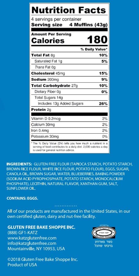 Katz Gluten Free Blueberry Muffin Snacks - Dairy Free, Nut Free, Soy Free, Kosher Certified (6oz, 1 Pack) | Perfect for School Lunches, Travel Snacks & Celiac-Friendly Diet