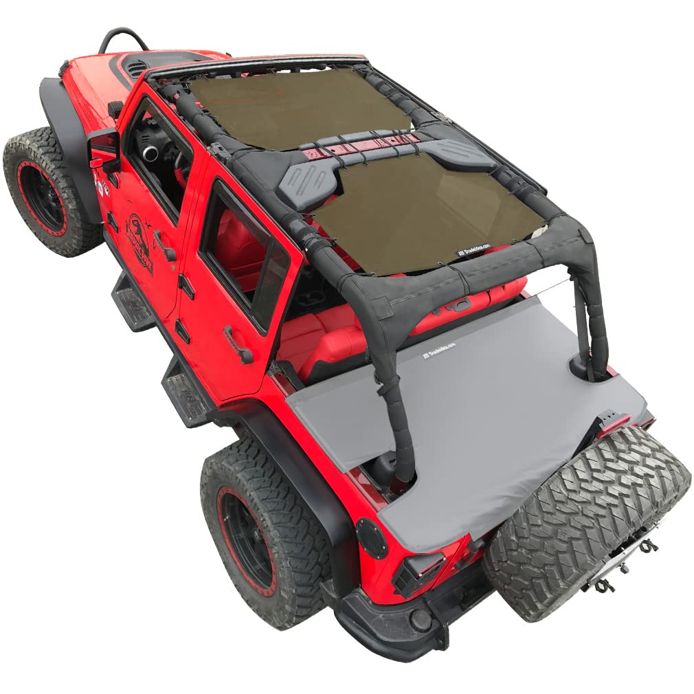 Shadeidea JK Sun Shade Top for Jeep Wrangler JKU (2007-2018) - Soft Mesh Roof Cover with UV Protection & Wind Noise Reduction - 4-Door 2-Piece Set in Tank Green - 10 Year Warranty - Perfect for Off-Roading, Beach Trips & Summer Adventures