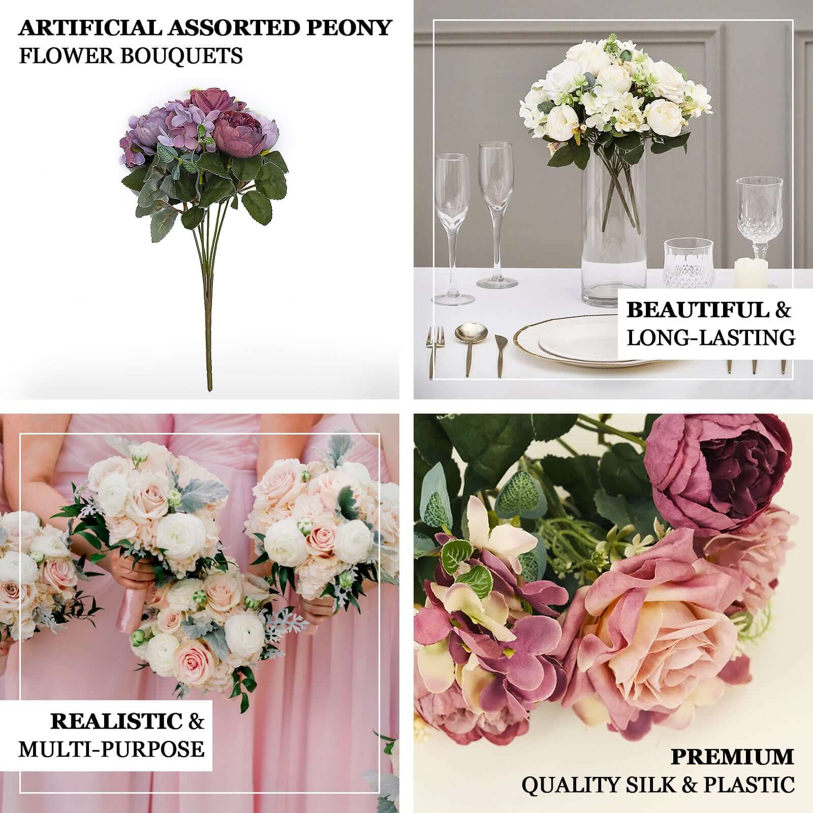2 Pack Artificial Rose & Peony Silk Flower Arrangements - 12 Dusty Blue Floral Bouquets for Wedding Centerpieces, Bridal Shower, Home Decor, Table Decorations & Party Decor