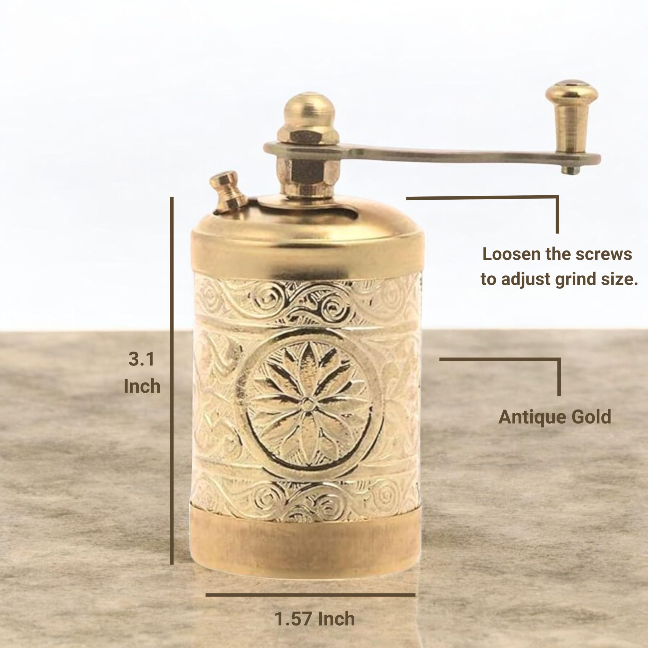 Vintage Mini Antique Copper Manual Spice Grinder for Salt, Pepper, Coffee Beans & Herbs - Turkish Greek Arabic Style Kitchen Mill - Perfect for Home, Restaurant, Farmhouse Use - Great Housewarming Gift (Gold)