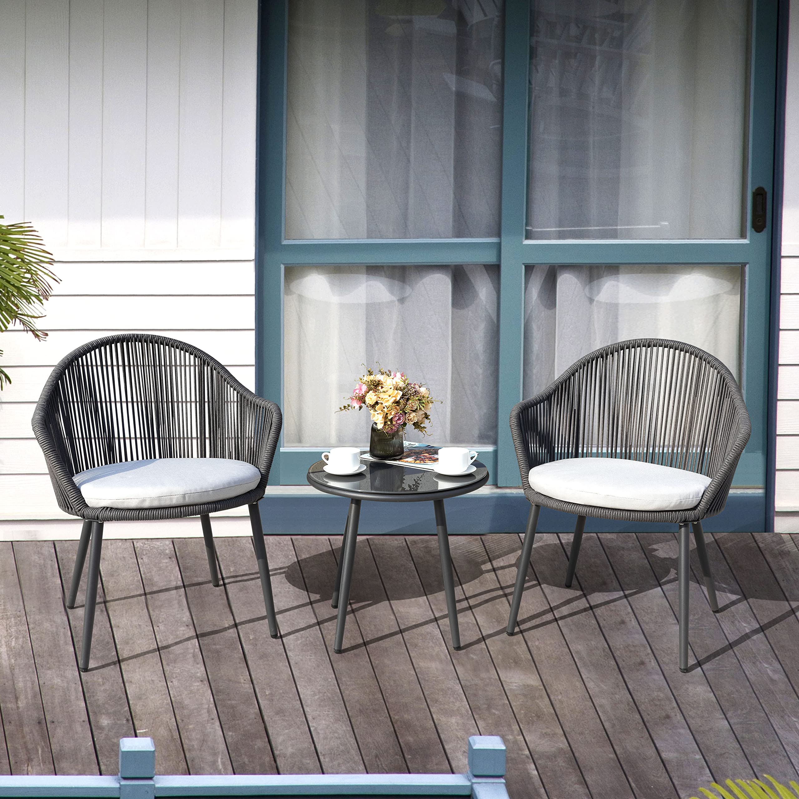 NUU GARDEN 3-Piece Outdoor Bistro Set - All-Weather Woven Rope Patio Furniture with Cushions, Dark Grey - Perfect for Garden, Deck, Backyard, Balcony & Porch Conversations | Ideal for Outdoor Dining, Relaxation & Entertaining Guests