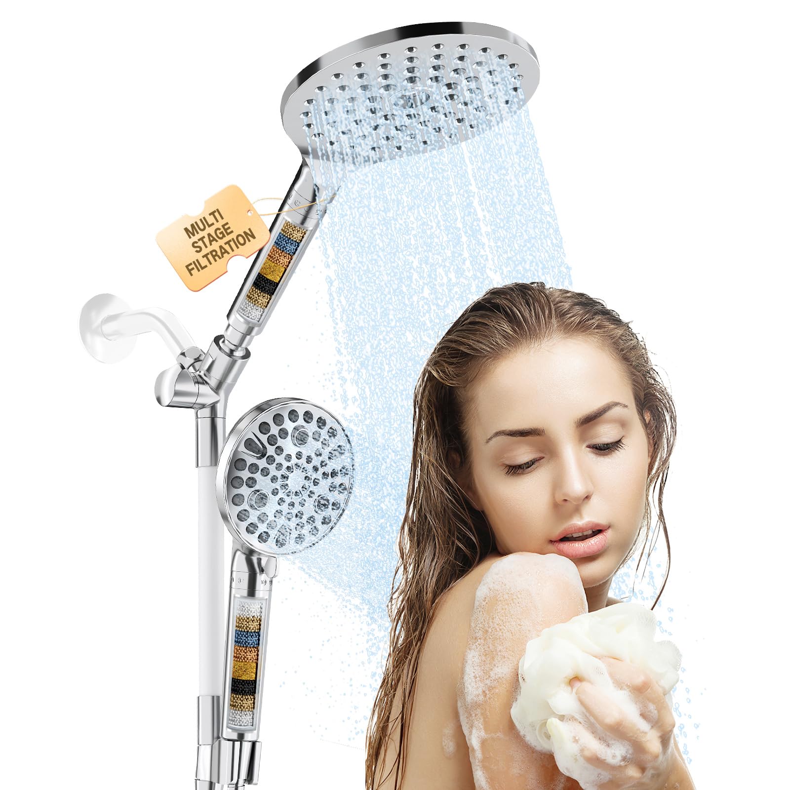 HEROBAI High Pressure Rainfall Shower Head with Handheld Spray Combo - Dual Filtered Shower System with Adjustable Arm & Extra Long Hose - Chrome Finish for Spa-Like Bathroom Experience
