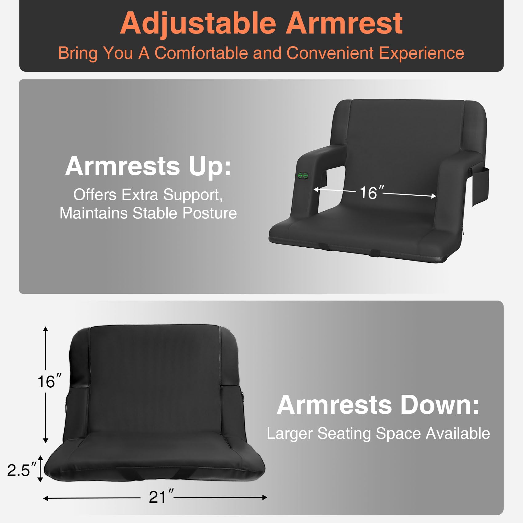 Dual-Sided Heated Stadium Seat with Back Support - Portable Bleacher Seat with 3 Heat Levels & 5 Storage Pockets - Perfect for Football Games, Concerts, Camping & Outdoor Events (Black)