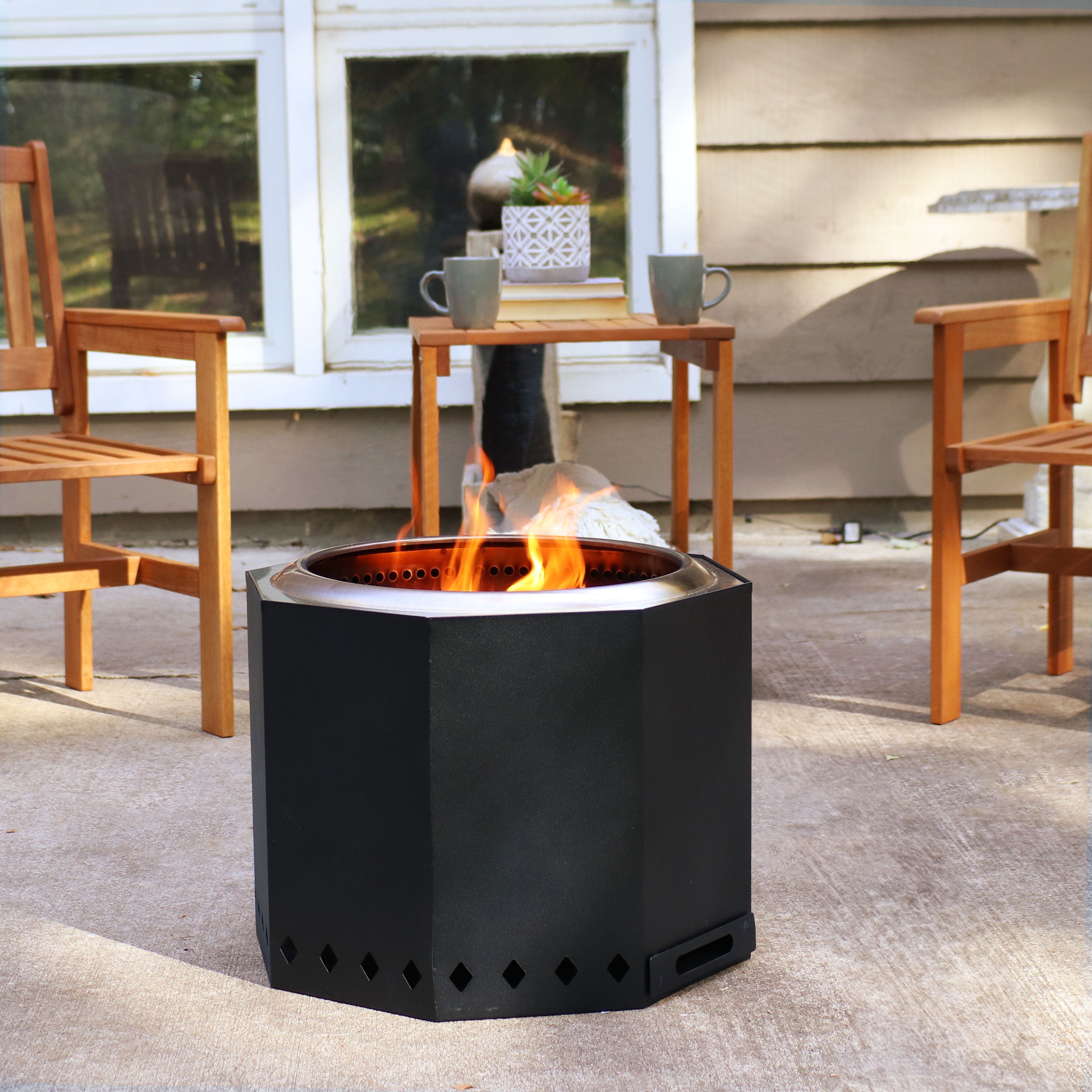 Sunnydaze 21.5 Inch Octagon Wood Burning Stainless Steel Smokeless Fire Pit - Outdoor Backyard, Camping, Patio, Garden Fireplace for Warm Gatherings
