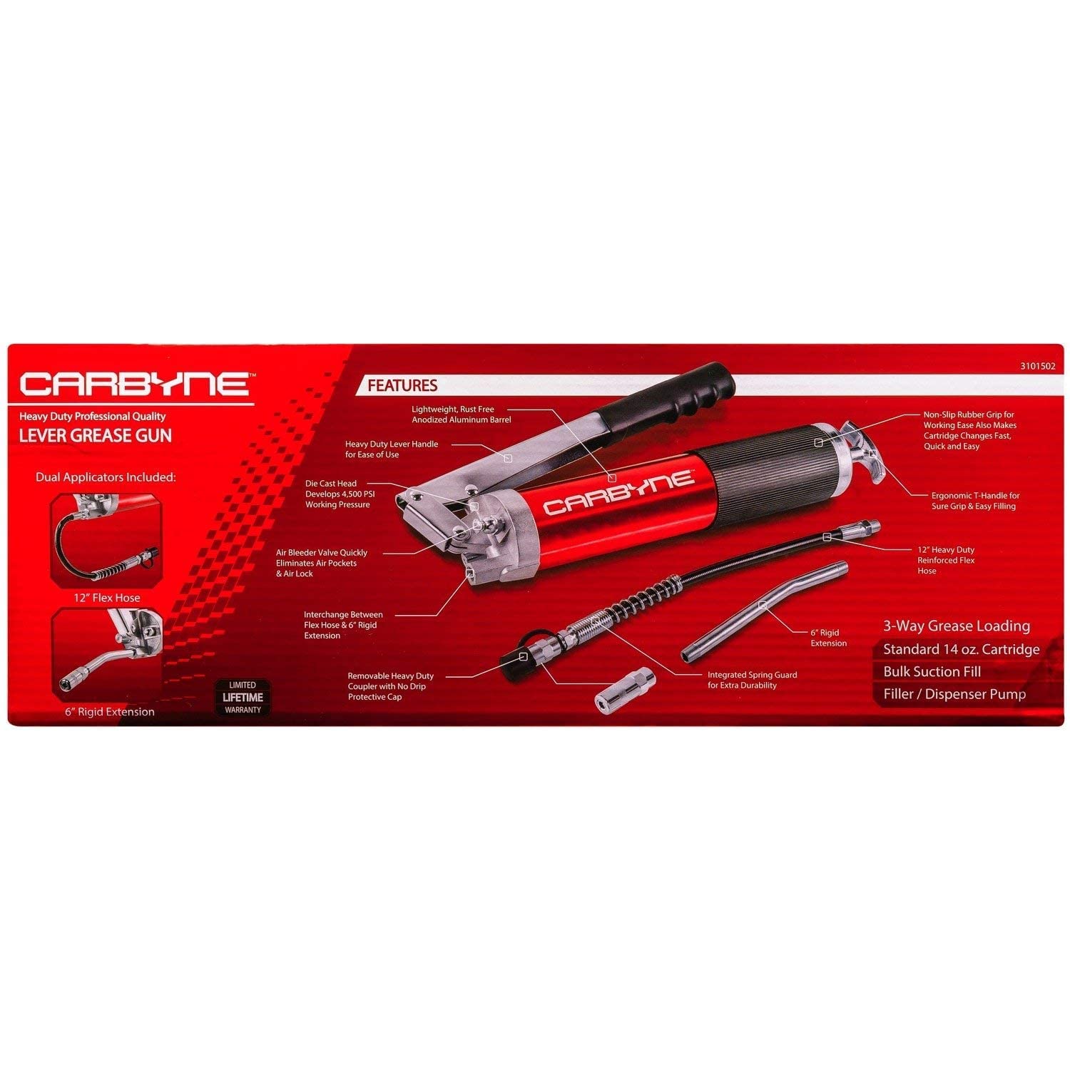 Carbyne Lever Handle Grease Gun with 12-Piece Accessory Kit - Heavy Duty Lubrication Tool for Automotive, Industrial & Farm Equipment Maintenance