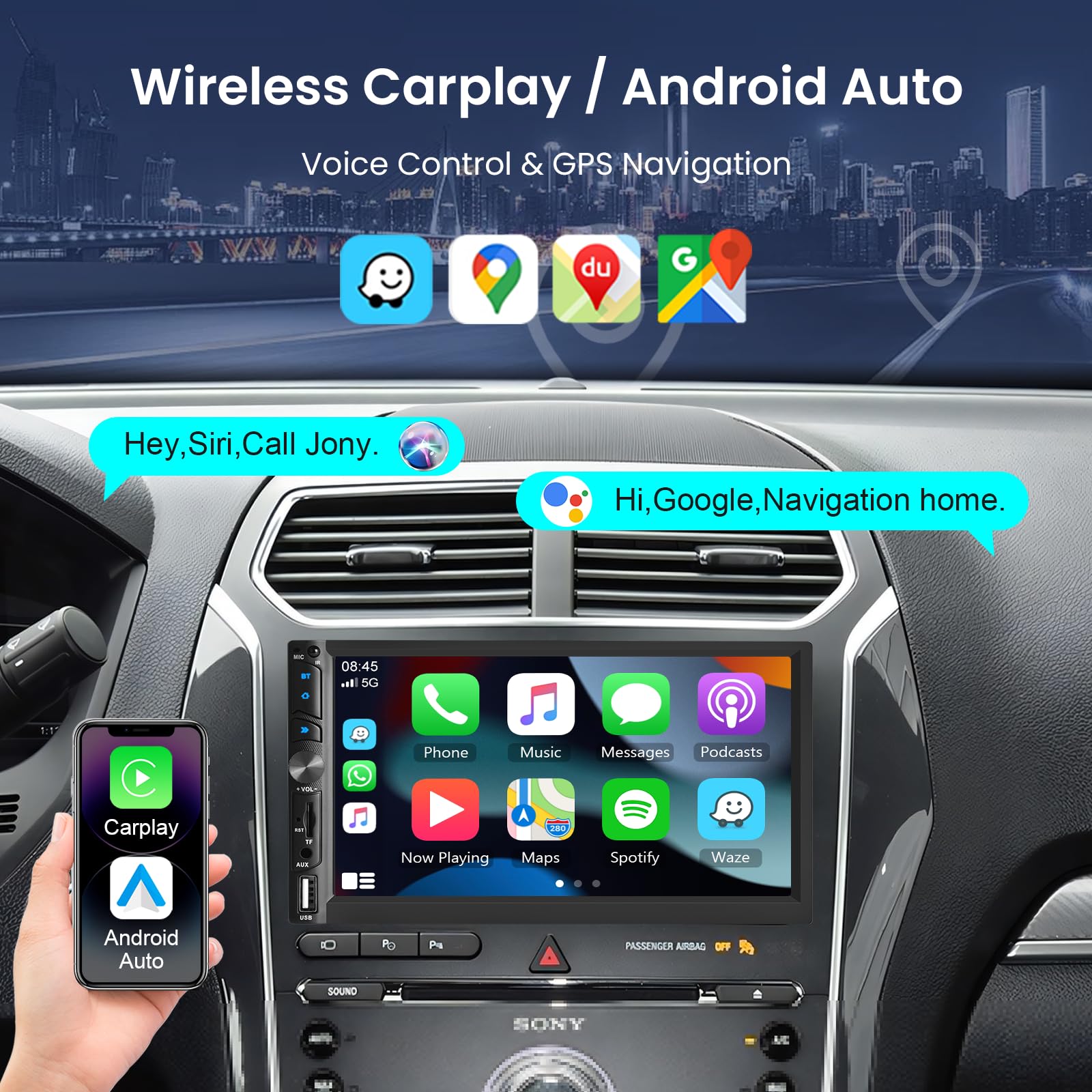 Upgrade Wireless CarPlay Double Din Car Stereo - Podofo 7 Inch Touchscreen Car Radio with Wireless Android Auto, Bluetooth, USB/TF/Aux/Subwoofer Ports, SWC, FM, Voice Control & Backup Camera - Perfect for Road Trips, Commuting & Hands-Free Driving