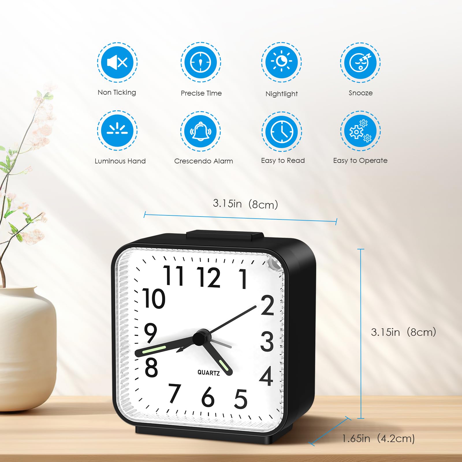 Brifit Silent Alarm Clock - Battery Powered Non-Ticking Bedside Clock with Luminous Hands, Large Display & Snooze Function - Perfect for Heavy Sleepers, Travel, Bedroom & Office Use - Easy to Read Black Clock with Night Light