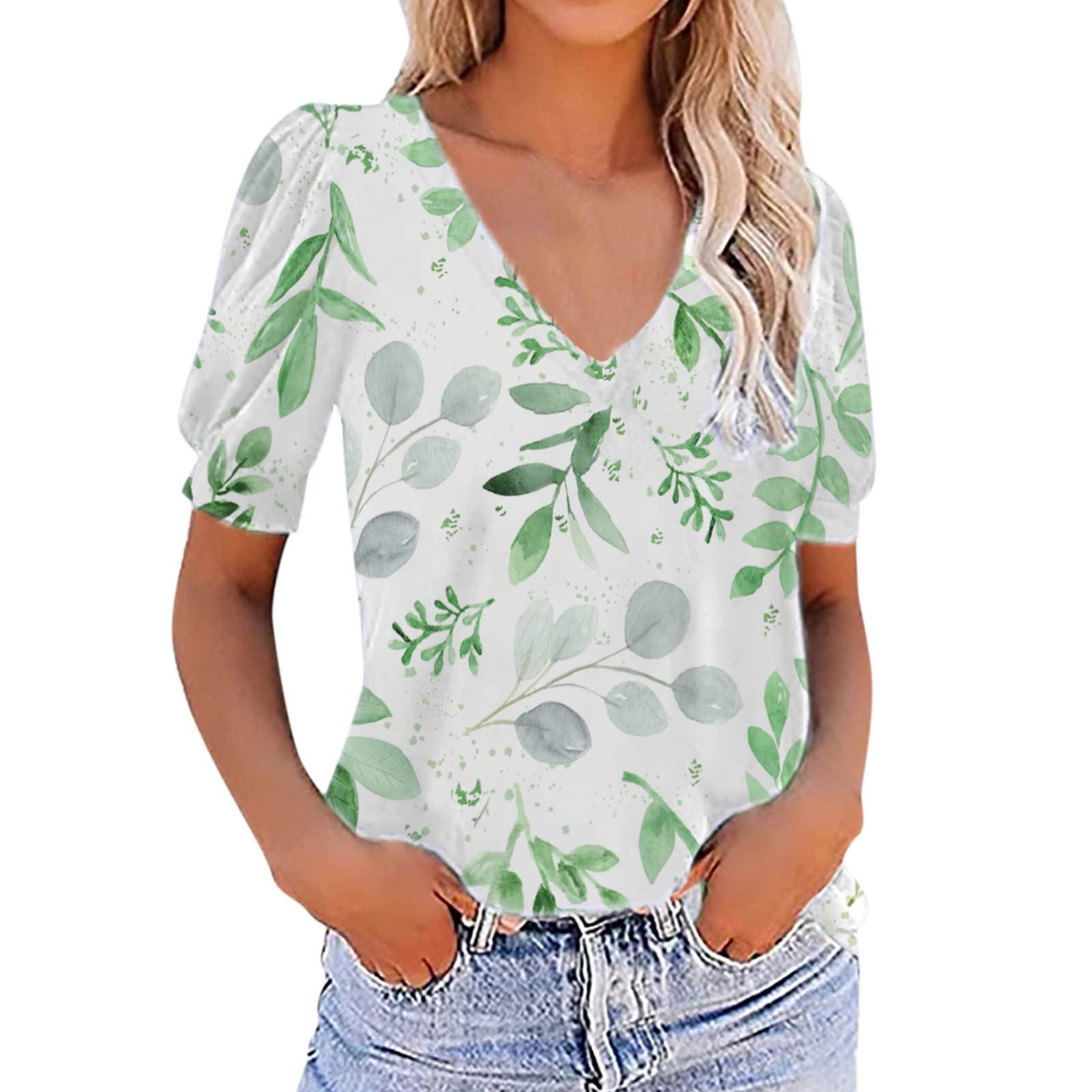Women's Casual Long Sleeve V-Neck T-Shirt with Puff Sleeves & Ruched Detail - Stylish Printed Blouse for Everyday Wear, Office Outfits & Date Nights (Black)