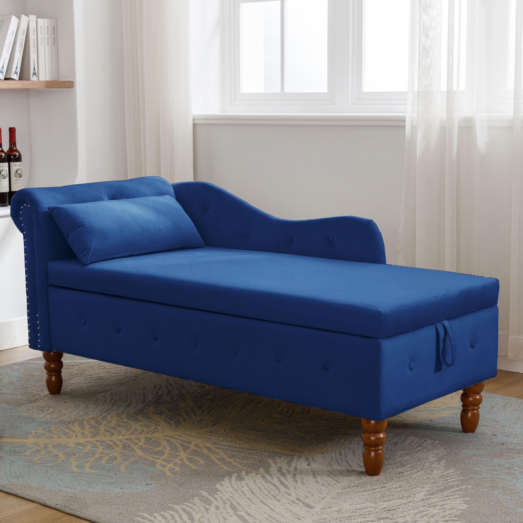Warmiehomy Velvet Chaise Lounge Chair with Pillow - Modern Upholstered Rolled Arm Storage Ottoman for Bedroom, Living Room & Office - Navy Blue with Nailhead Trim | Perfect for Relaxing, Reading & Napping