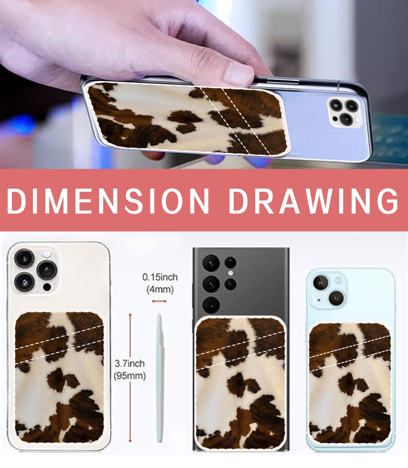 Leather Stick-On Phone Wallet - Cute Dual Pocket Credit Card Holder for Back of Phone Case | Compatible with Most Smartphones | Retro Brown Cow Print Design | Perfect for Hands-Free Shopping, Travel & Daily Use