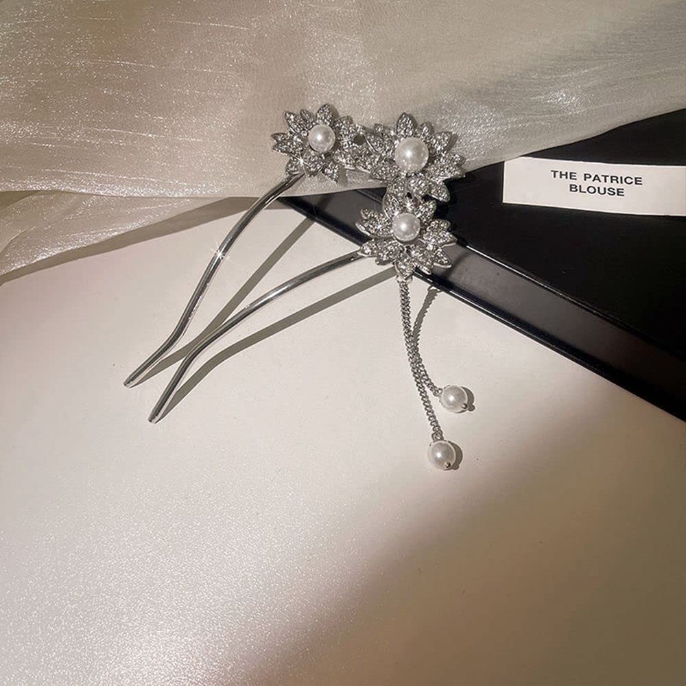 Diamond Pearl U-Shaped Hair Fork - Elegant Hairpin for Buns & Chignons, Silver Hair Jewelry & Styling Tool | Perfect for Weddings, Prom & Formal Events