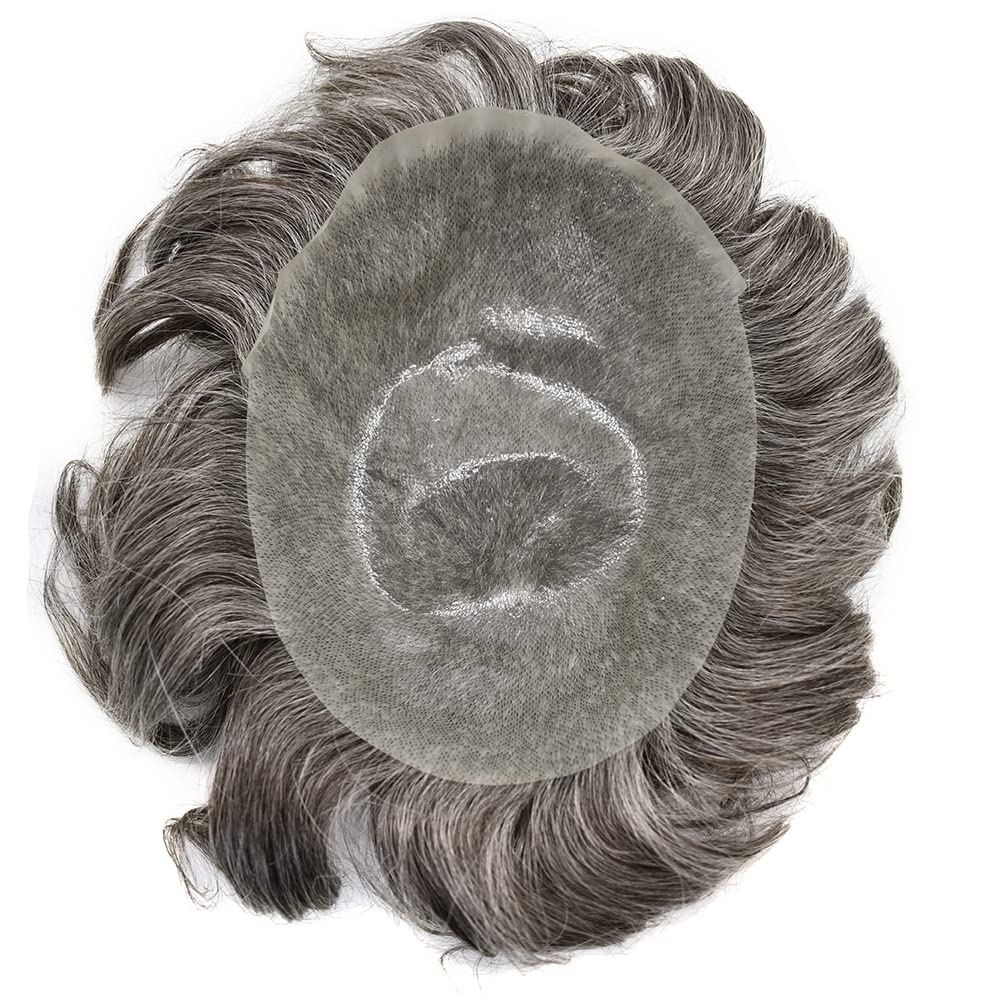 Premium 0.04mm Ultra Thin Skin Toupee for Men - European Human Hair Replacement System with V-looped Natural Hairline (8x10 Inch, Dark Brown with 50% Gray) - Perfect for Daily Wear, Special Occasions & Hair Loss Solutions