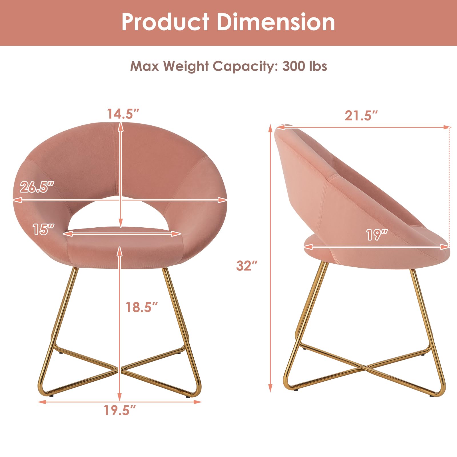 Giantex Velvet Accent Chair Set of 2 - 300 Lbs Capacity Upholstered Vanity Makeup Chairs, Modern Dining & Desk Chairs for Bedroom & Living Room, Coral Pink - Perfect for Home Office, Dressing Room & Lounge Areas