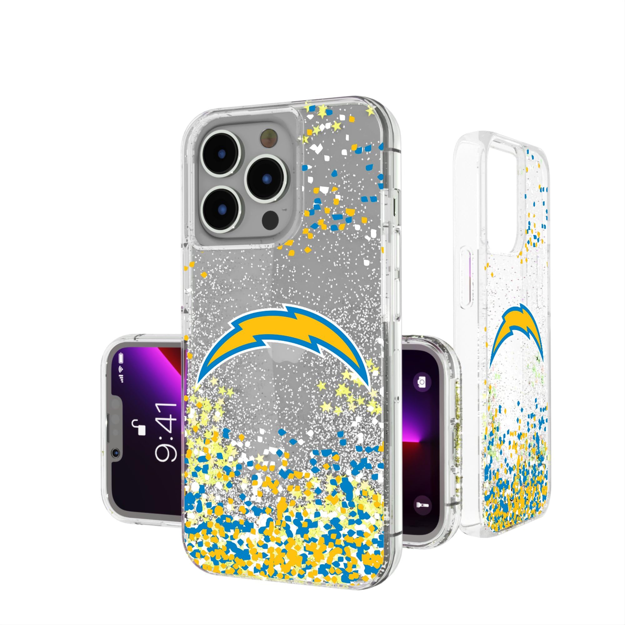 Los Angeles Chargers iPhone Glitter Case with Confetti Design - Durable Protective Phone Cover for iPhone 13/14/15 Pro Max - Perfect for Game Days, Parties & Everyday Use