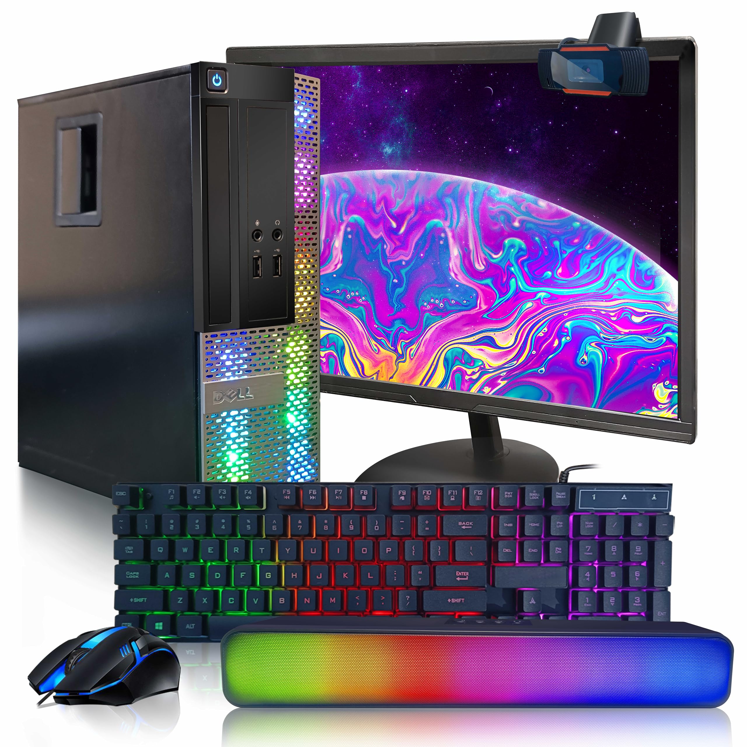 Dell OptiPlex RGB Gaming Desktop PC - Intel Core i7 Processor up to 3.8GHz, 16GB RAM, 512GB SSD, 22 Inch FHD LED Monitor, RGB Keyboard & Mouse, Bluetooth Soundbar, Webcam, WiFi, BT 5.0, Windows 10 Pro (Renewed) - Perfect for Home Office, Gaming & Streaming