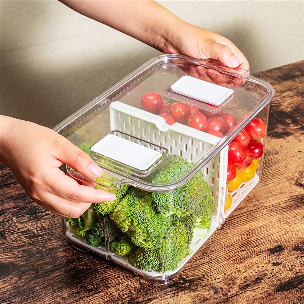Fresh Produce Storage Containers for Refrigerator & Freezer - 2 Pack Airtight Food Saver Bins with Lids & Removable Drain Tray - Perfect for Fruits, Vegetables & Meal Prep Organization - Ideal for Kitchen, Pantry & Refrigerator Storage