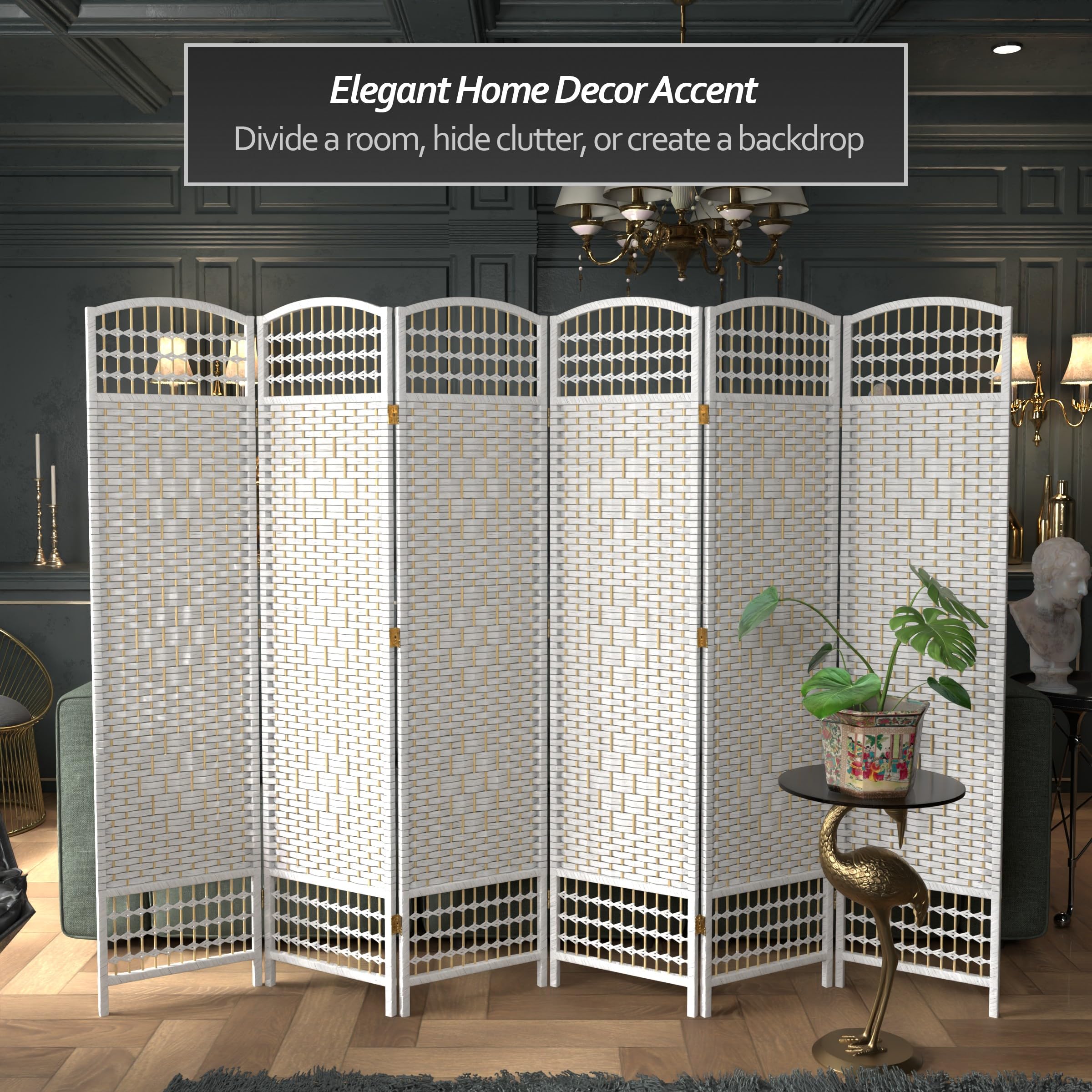 5.5 ft Tall Red Lantern Fiber Weave White 6-Panel Room Divider - Asian Inspired Home Decor for Living Room, Bedroom, or Office Partition