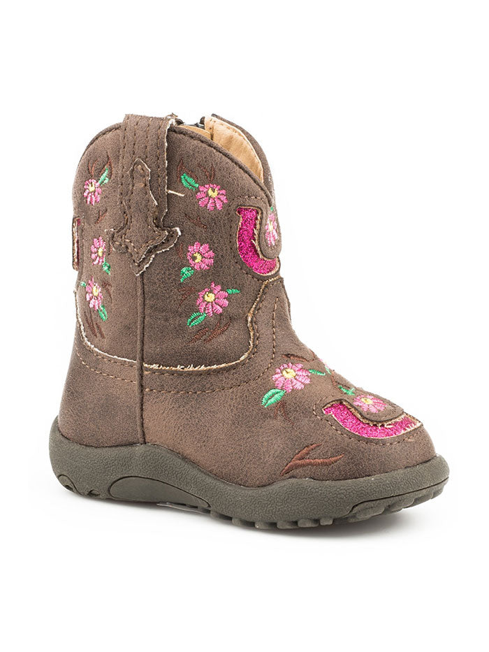 Roper Baby Cowboy Boots for Infants - Floral Embroidery & Lucky Horseshoe Design in Brown | Perfect for Western Outfits, Photoshoots & Special Occasions