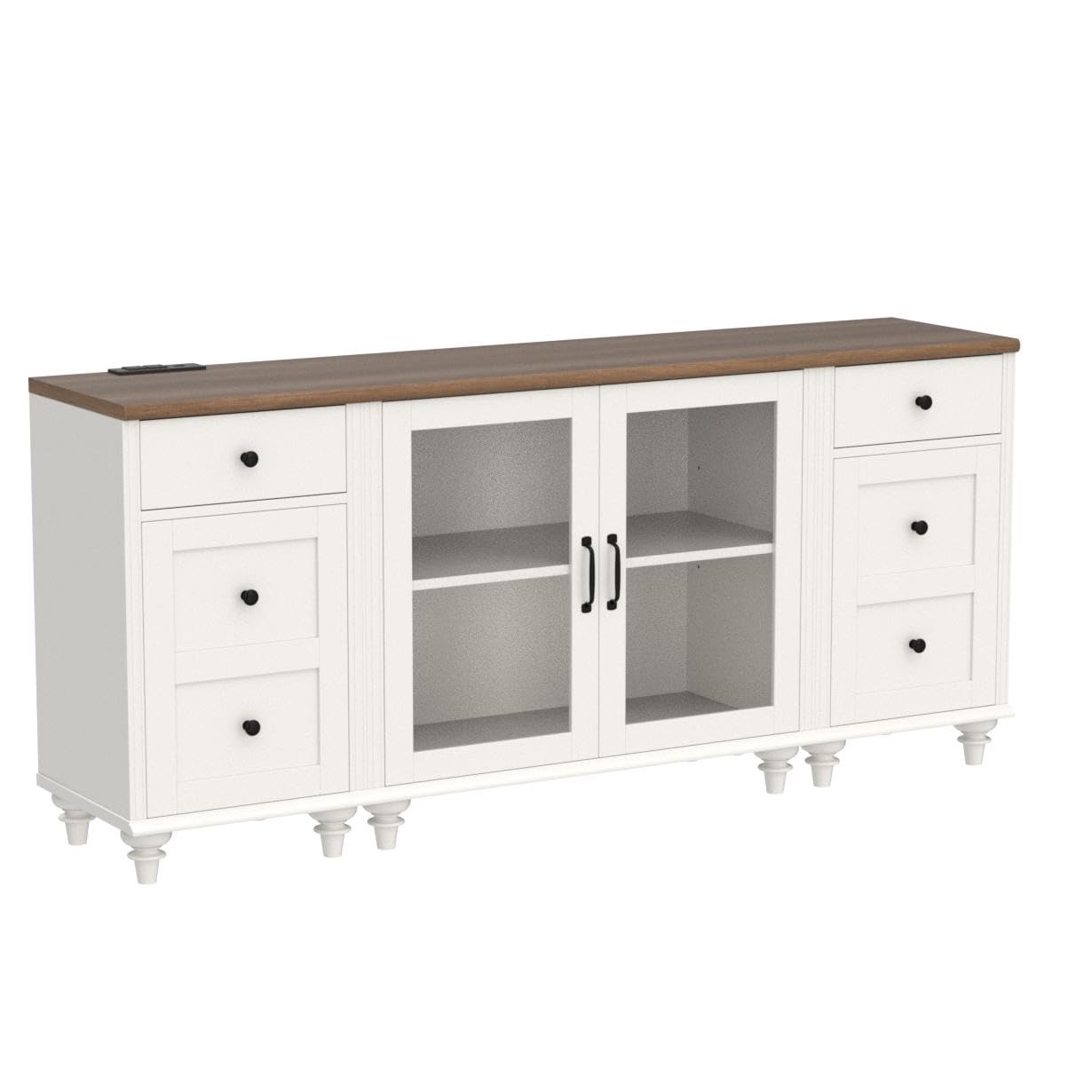 Modern WAMPAT Buffet Cabinet with Glass Doors & Charging Station - Wooden Sideboard Storage Credenza for Kitchen, Dining Room & Living Room - White Coffee Bar Cabinet for Home Decor & Entertainment Spaces