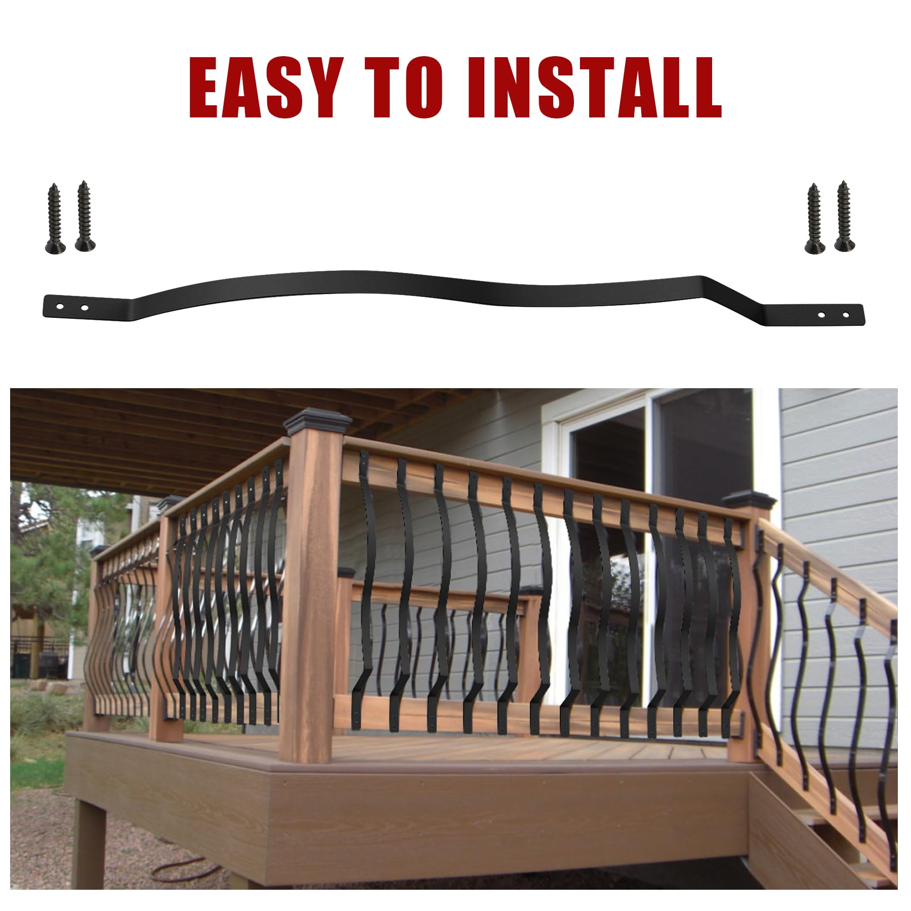Heavy Duty 29.5 Inch Iron Deck Balusters 61 Pack with Screws - Metal Wave Arc Spindles for Outdoor Stairs, Porch & Deck Railings | Durable Rust-Resistant Design for Home & Garden Safety