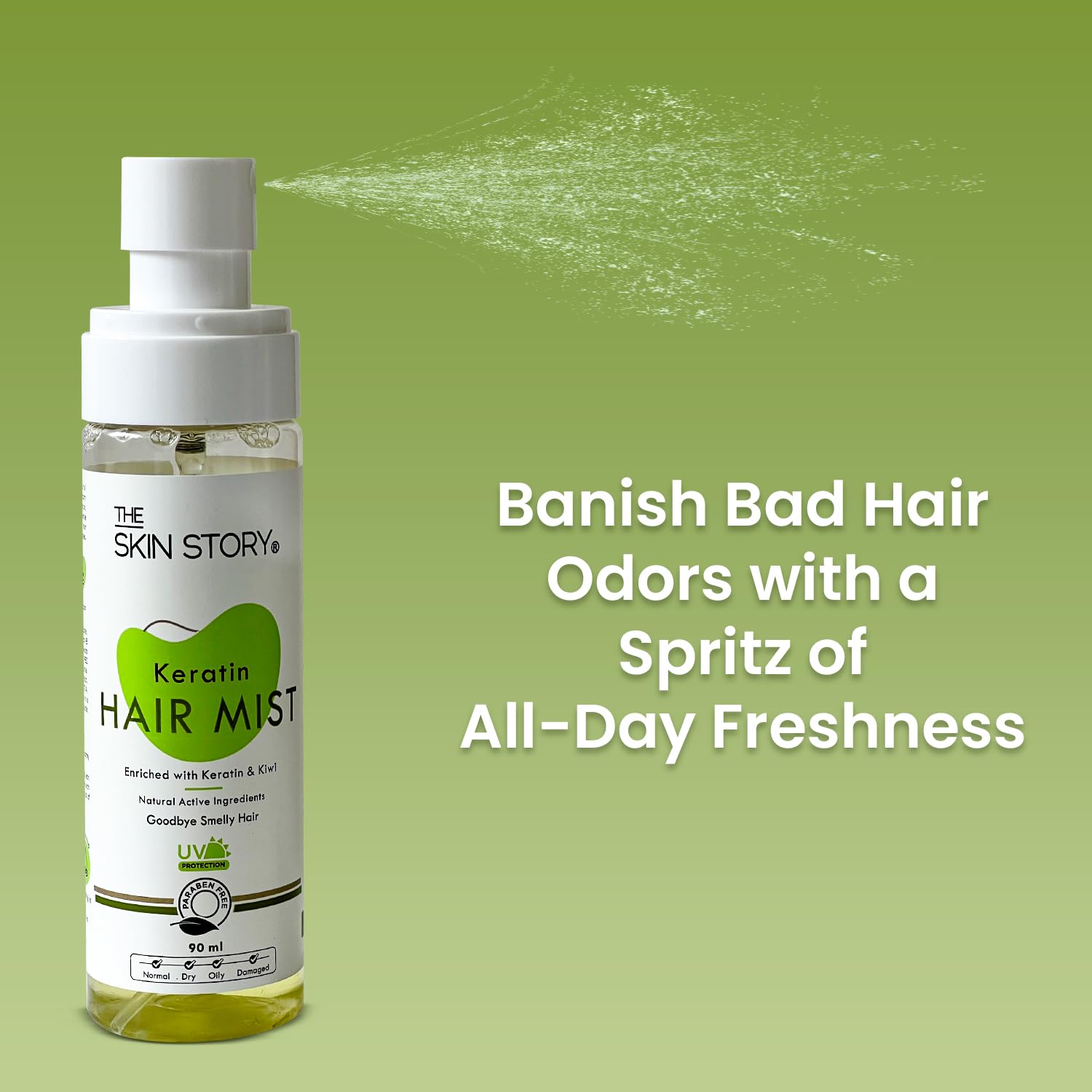 The Skin Story Hair Mist Spray - UV Protection, Frizz Control & Hydrating Hair Perfume with Keratin, Kiwi & Olive Oil | Paraben-Free 100ml | Perfect for Daily Styling, Travel & Heat Protection