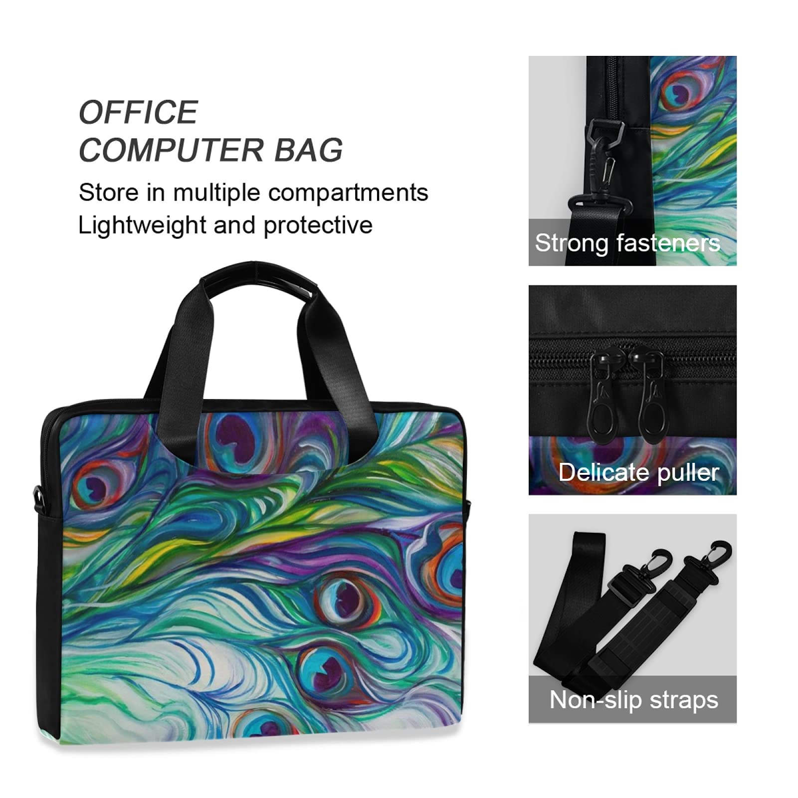 Stylish Peacock Feather Print Laptop Messenger Bag - 13 14 15.6 Inch Crossbody Briefcase with Adjustable Shoulder Strap for Men & Women - Perfect for Work, School, Travel & Business Meetings
