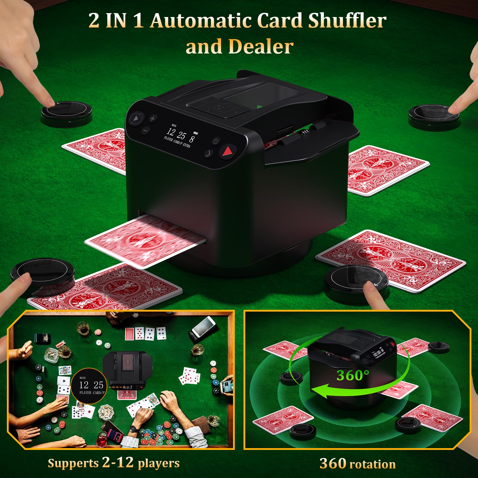 2025 Automatic Card Shuffler and Dealer 2-in-1 - 360° Rotating 2 Decks Poker Card Shuffler with 4 Wireless Remotes for 2-12 Players - Perfect for UNO, Texas Hold'em, Blackjack, Monopoly & Card Games - Ideal for Casino Nights, Game Parties & Family Gatherings