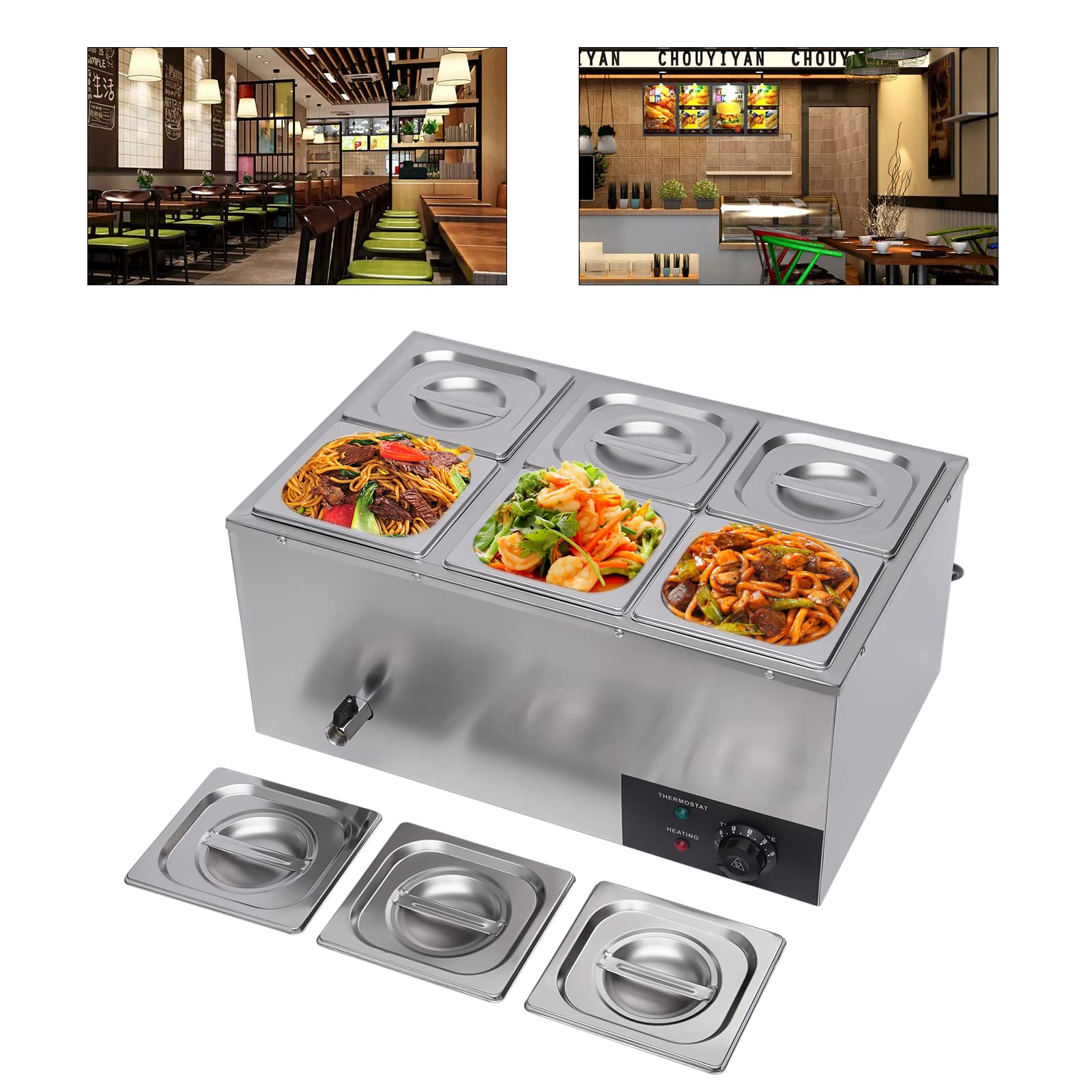 110V 6-Pan Commercial Food Warmer - 600W Electric Buffet Server with Temperature Control, Stainless Steel Countertop Soup & Food Heater for Canteen, Buffet, and Catering Events - Perfect for Restaurants, Cafeterias, and Banquet Serving