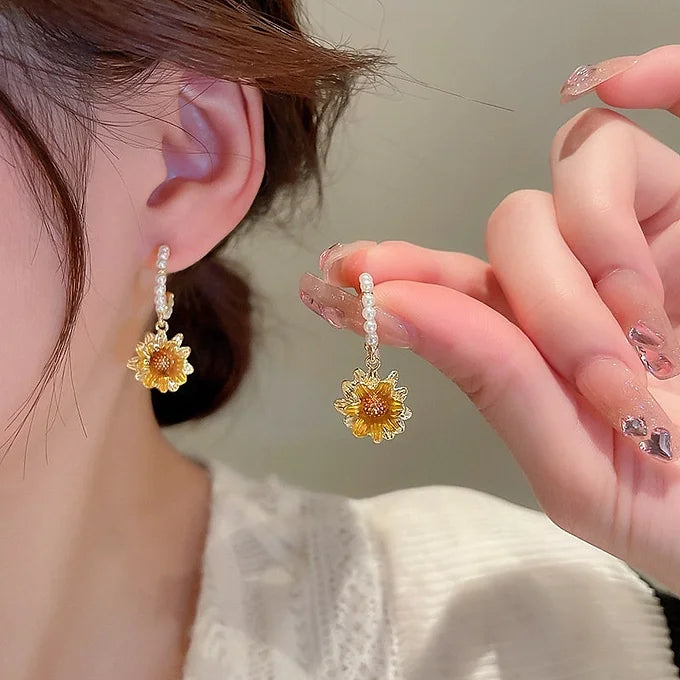 Dainty Sunflower C Hoop Pearl Dangle Earrings for Women | Elegant Floral Jewelry Gift | HE10509 | Perfect for Summer Outfits, Weddings & Boho Fashion
