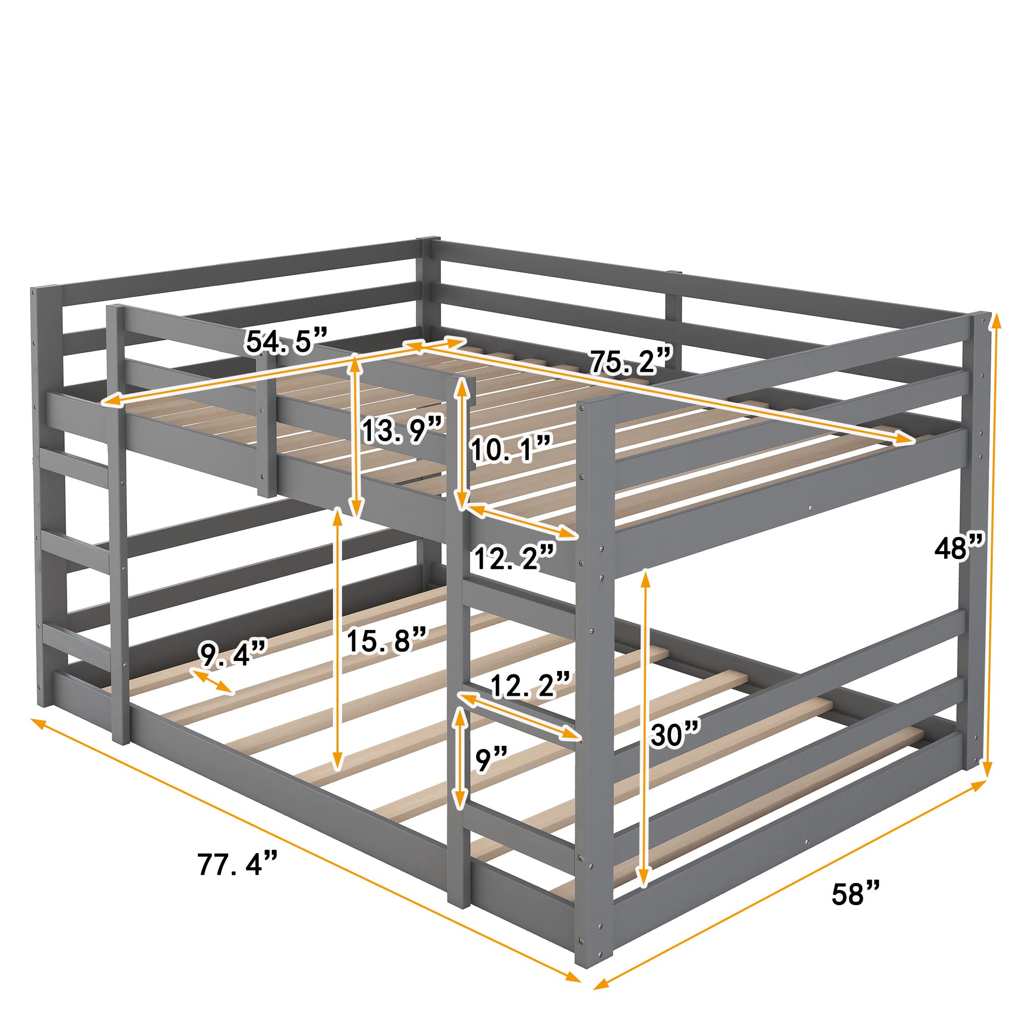 **CITYLIGHT Low Bunk Beds Full Over Full, Sturdy Wooden Bunk Bed for Kids & Teens, Twin Bunk Bed with 2 Ladders for Boys & Girls Bedroom, Dormitory, Space-Saving (Full Size, Grey) – Perfect for Small Rooms, Shared Kids' Bedrooms & College Dorms**