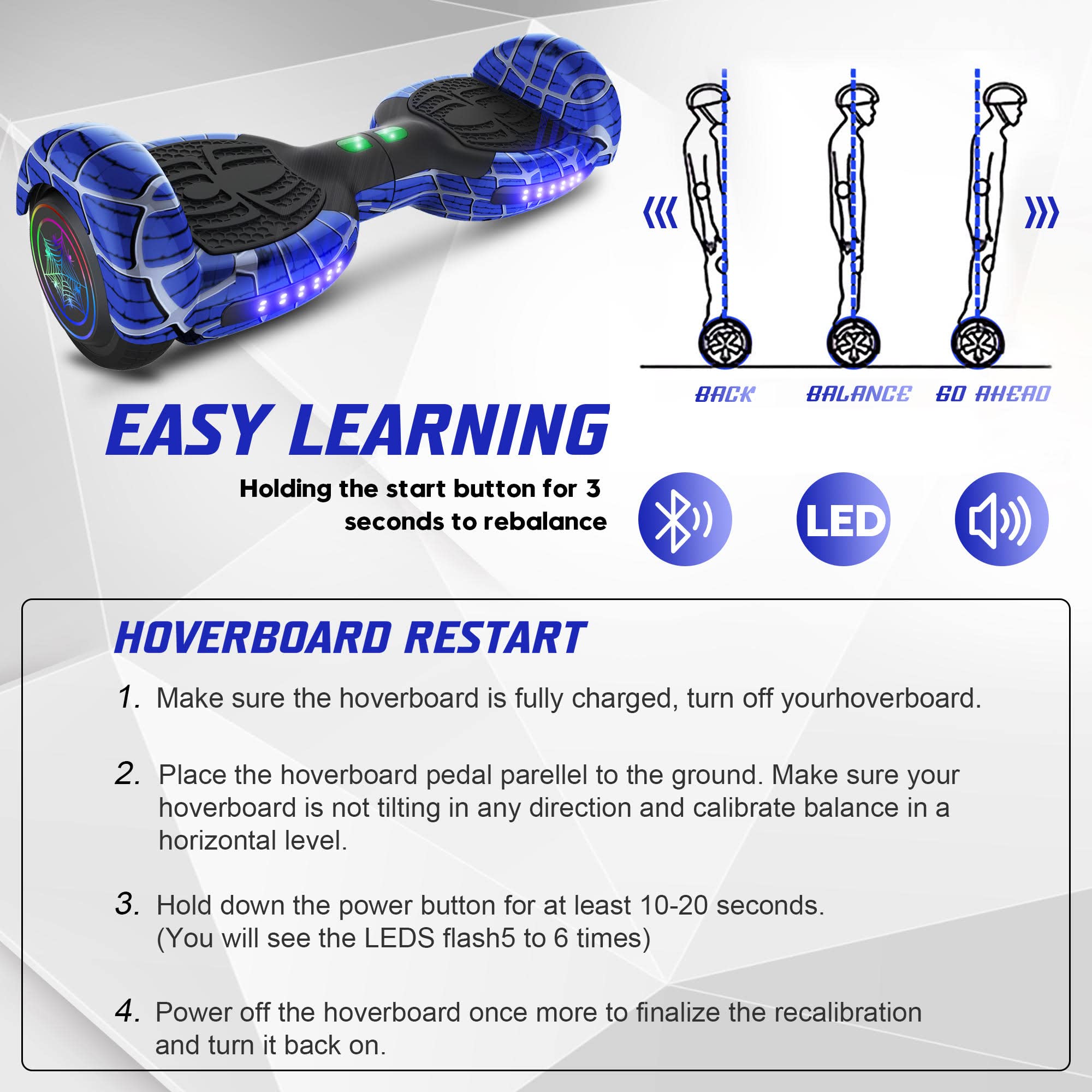 Spider-Pattern Hoverboard for Kids Ages 6-12 with Bluetooth Speaker & LED Lights - 6.5