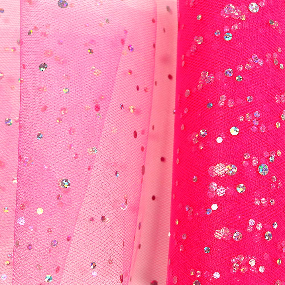 Laser Sequin Glitter Tulle Fabric Rolls - 6 Inch x 10 Yards (30 Feet) - Dark Pink Tulle Ribbon for Wedding Decor, Table Runners, Chair Sashes, DIY Tutu Skirts, Unicorn Party Decorations, Birthday Gifts & Crafting Supplies - Perfect for Sewing, Costumes and Special Events