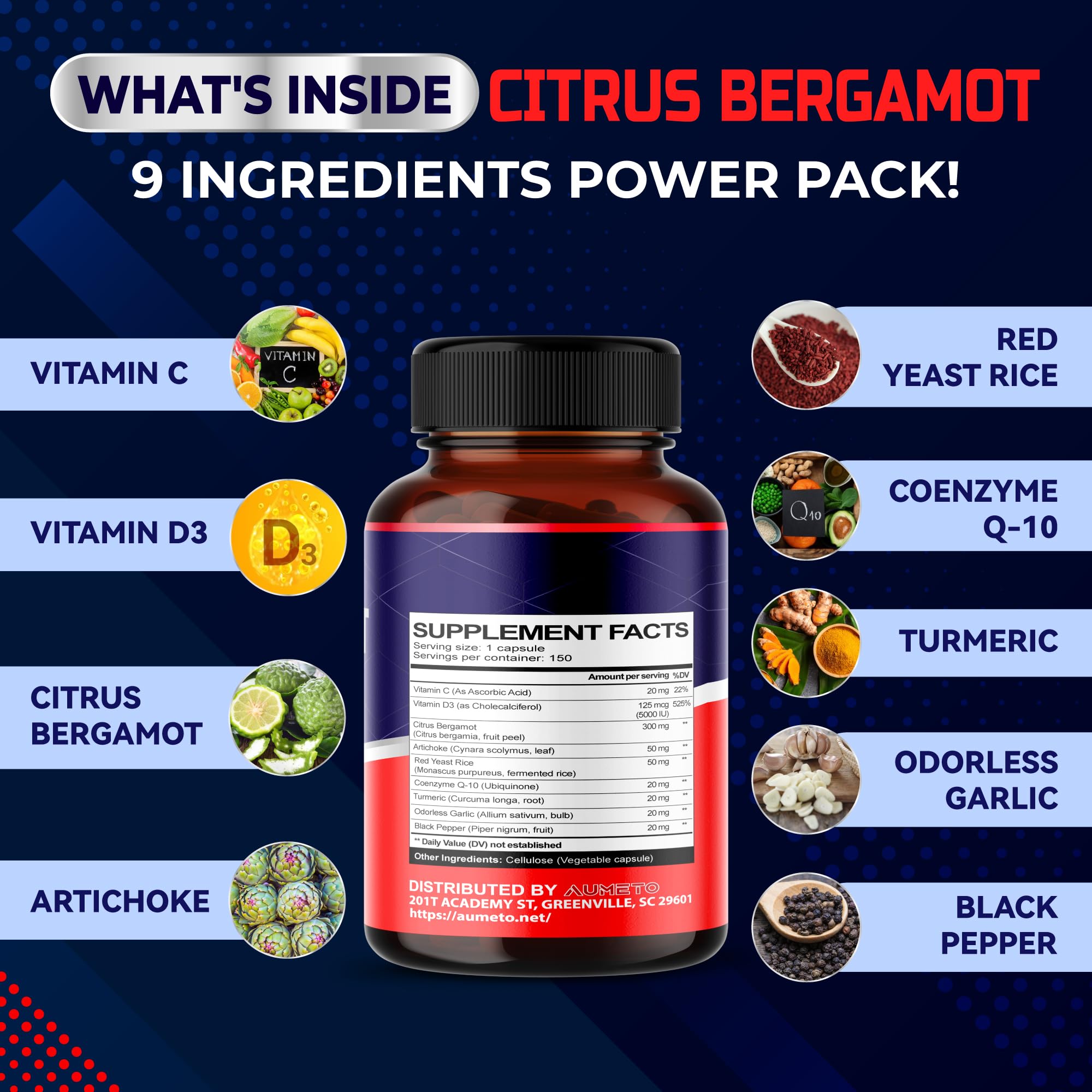 Premium Citrus Bergamot Supplement with Red Yeast Rice, CoQ10, Artichoke & Vitamin D3 - Supports Heart Health, Circulation & Immune System - 150 Capsules (Pack of 1) for Daily Wellness & Active Lifestyle
