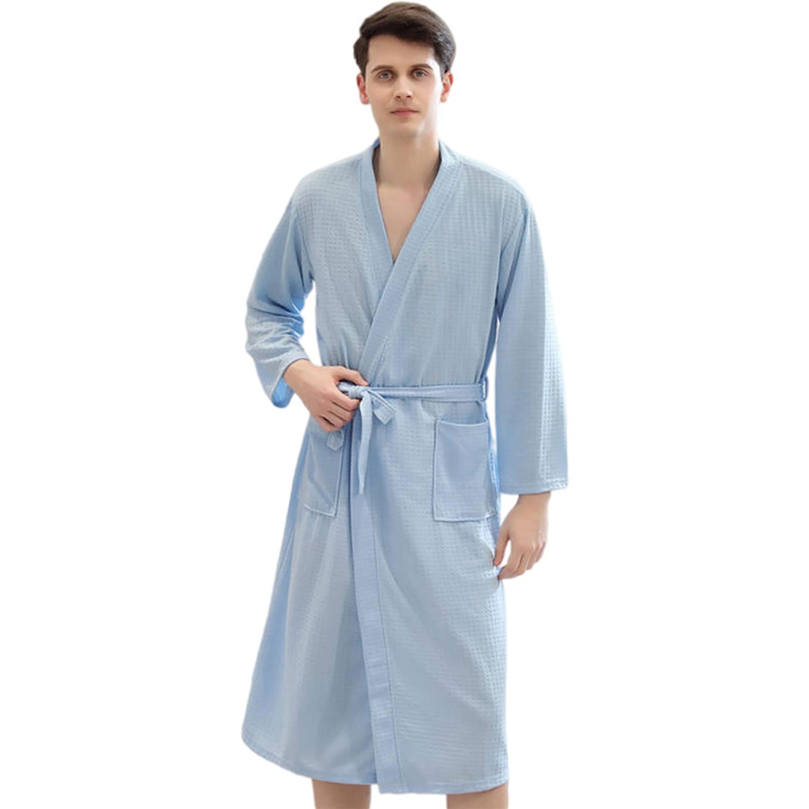 Men's Summer Thin Bathrobe - Lightweight Loungewear & Long Nightgown Pajamas - Waffle Kimono Yukata Robe for Spa, Beach & Home Relaxation
