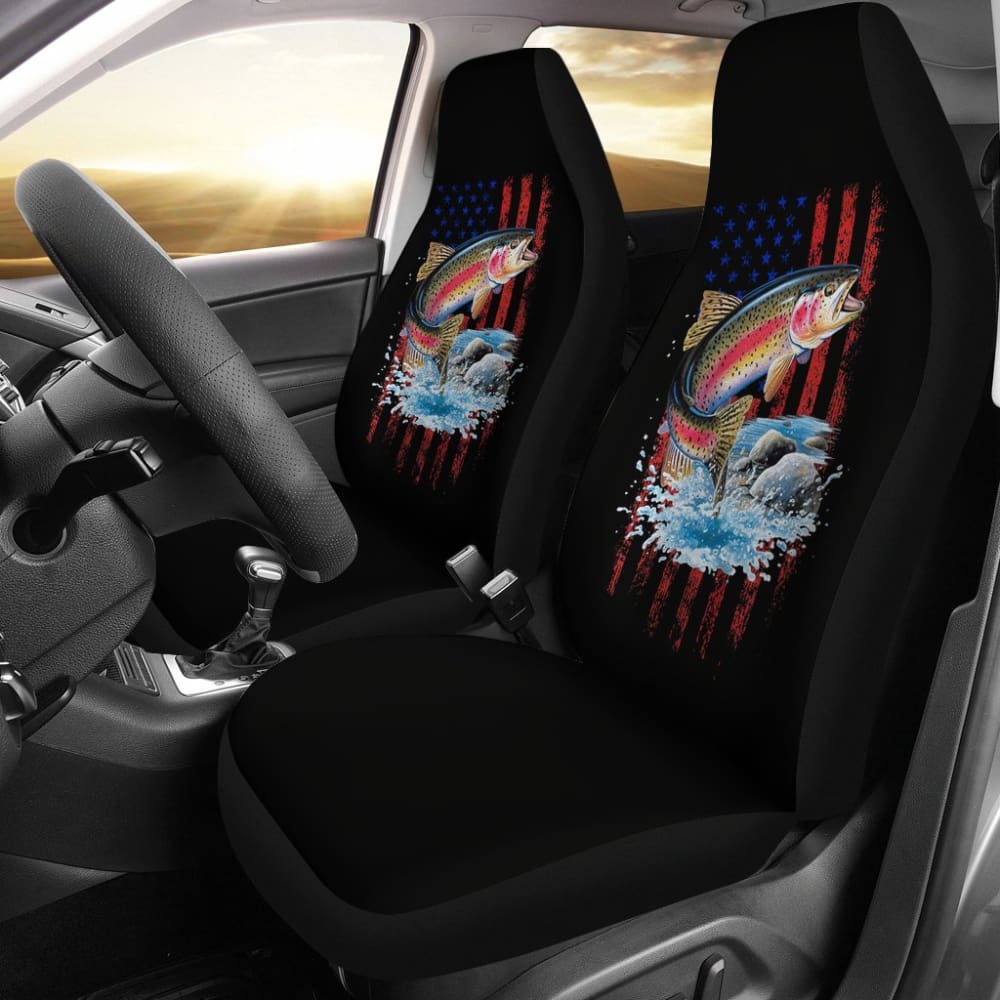 Premium Brook Trout Fishing American Flag Car Seat Covers - Durable Full Set for Trucks & SUVs - Perfect for Outdoor Enthusiasts & Patriotic Drivers