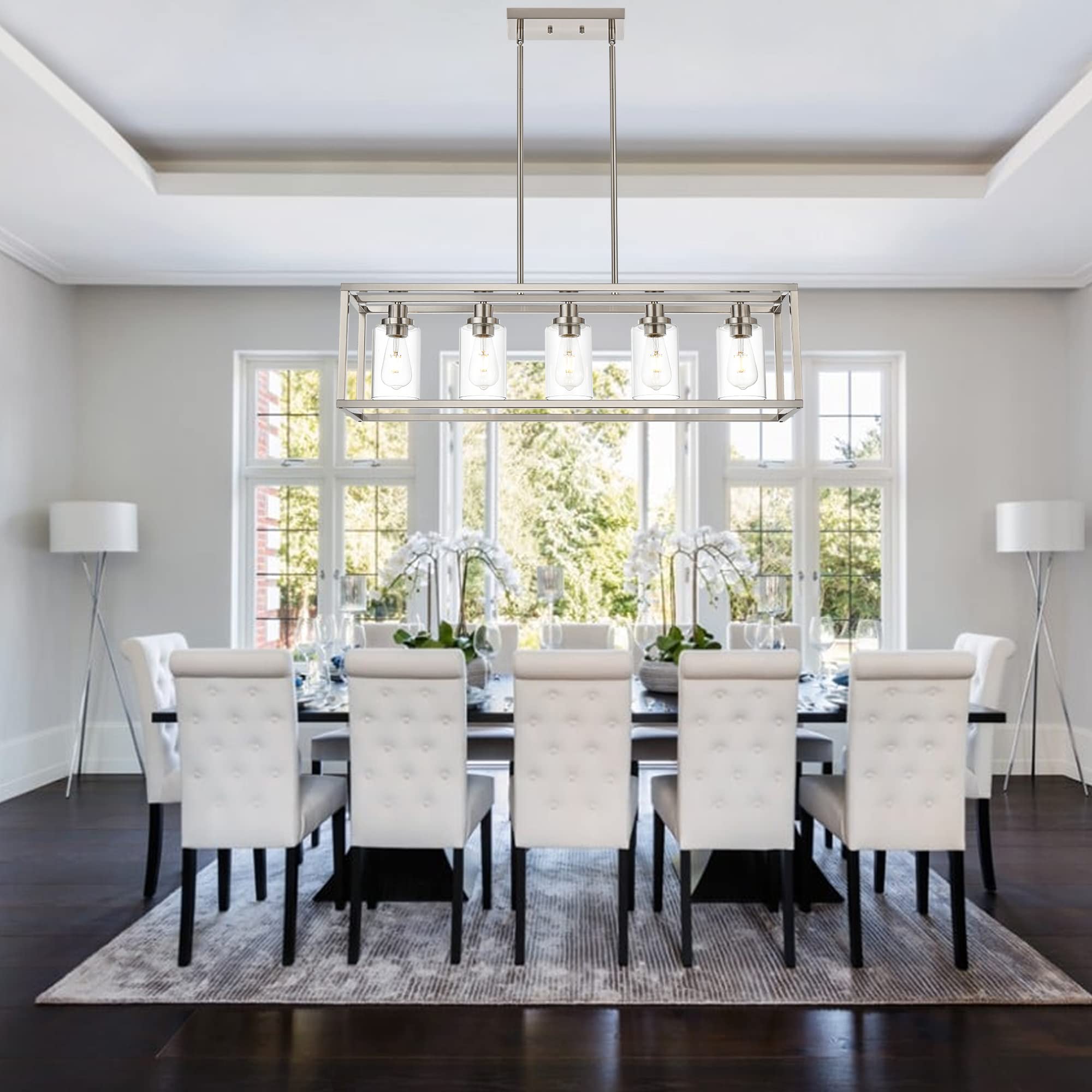MELUCEE 5-Light Modern Brushed Nickel Pendant Light - Clear Glass Shade Contemporary Chandelier for Dining Room, Kitchen Island, Living Room & Bedroom | Elegant Hanging Lighting Fixture for Home Decor