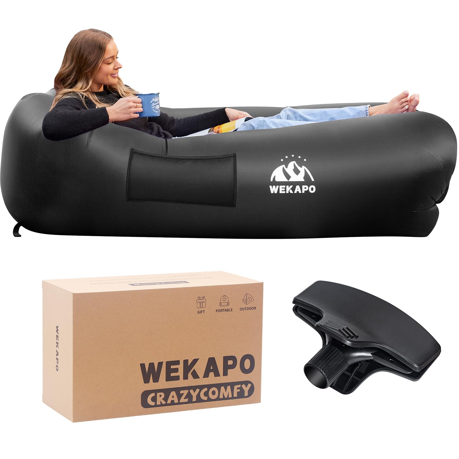 WEKAPO Inflatable Couch - Quick 60-Second Setup, Ultra Comfortable & Lightweight Portable Air Sofa - Perfect for Camping, Beach, Hiking, Picnics, Backyard, Music Festivals & Indoor Lounging (Black) - Ideal for Outdoor Adventures & Home Relaxation